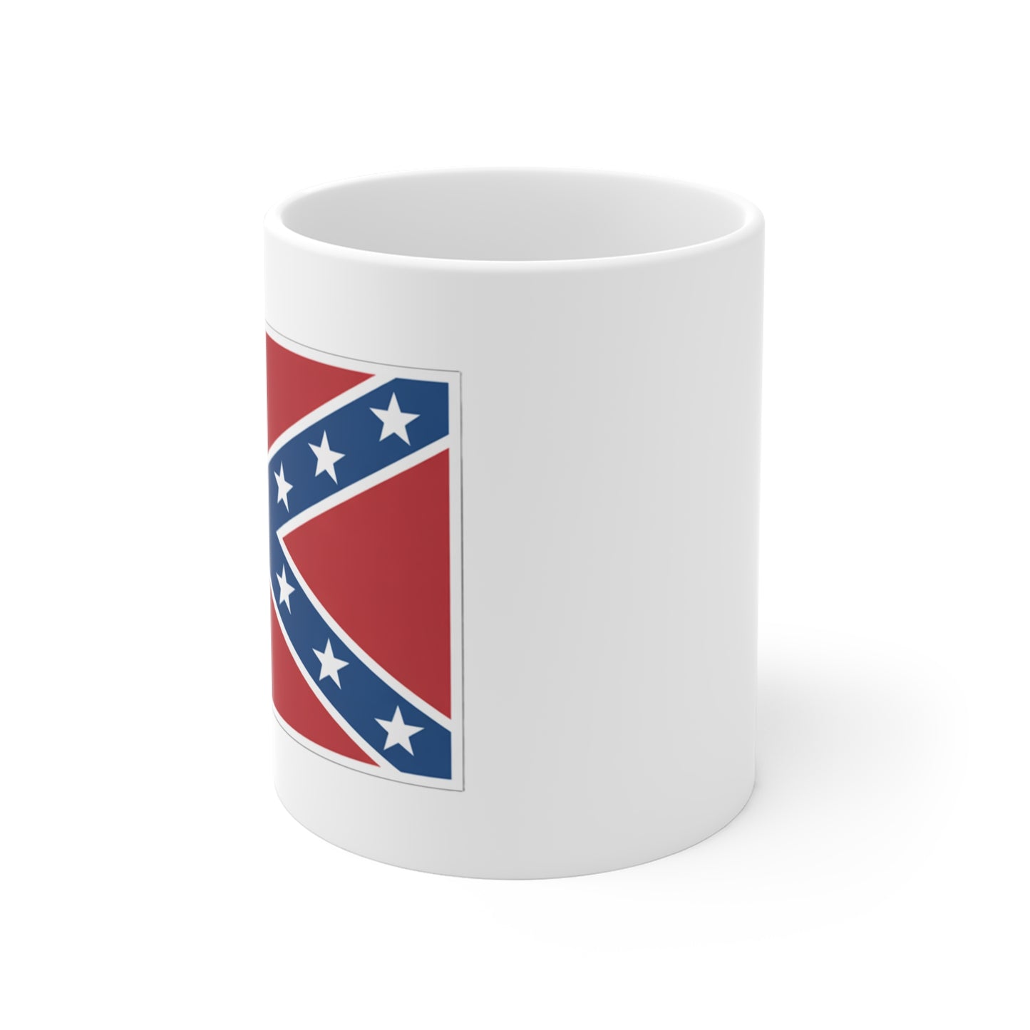White mug featuring a Confederate flag coffee mug design with stars and diagonal blue cross