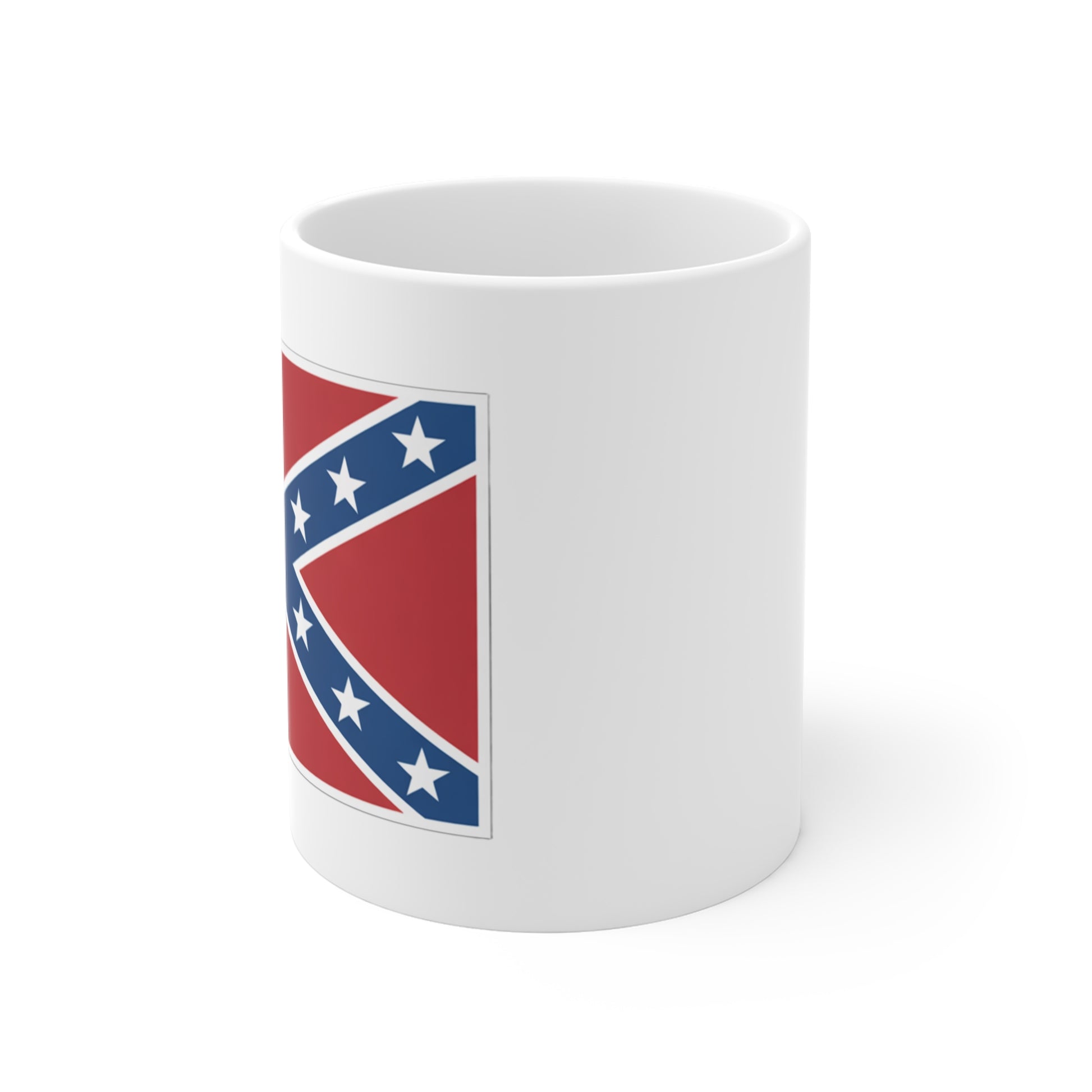 White mug featuring a Confederate flag coffee mug design with stars and diagonal blue cross
