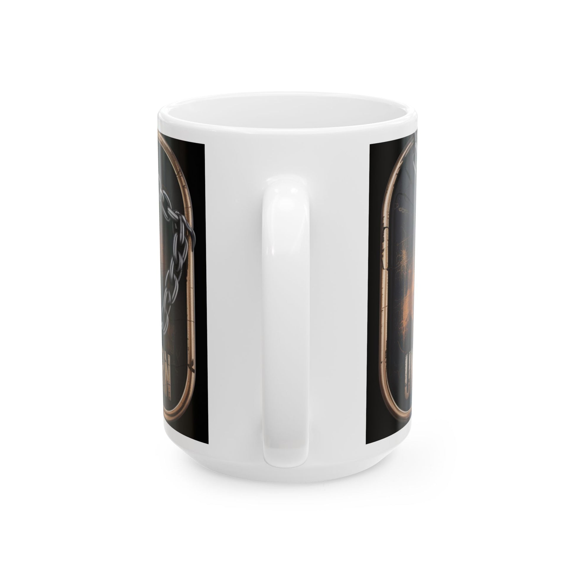 White ceramic coffee mug featuring a Confederate flag coffee mug design with chain and rustic border
