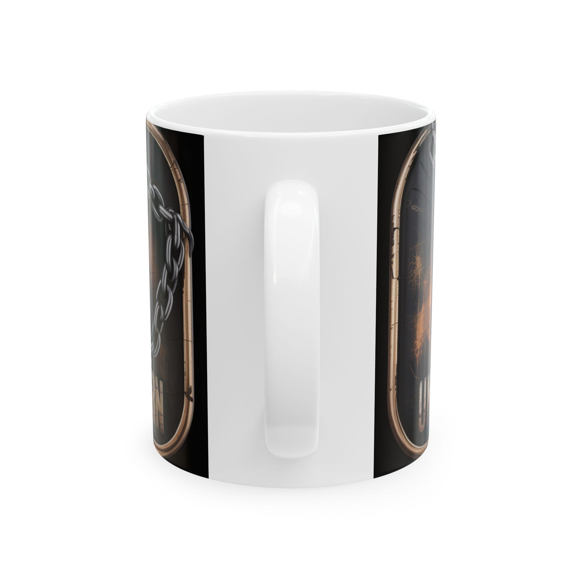 White mug showing a rear view of the handle with partial design on both sides Confederate flag coffee mug