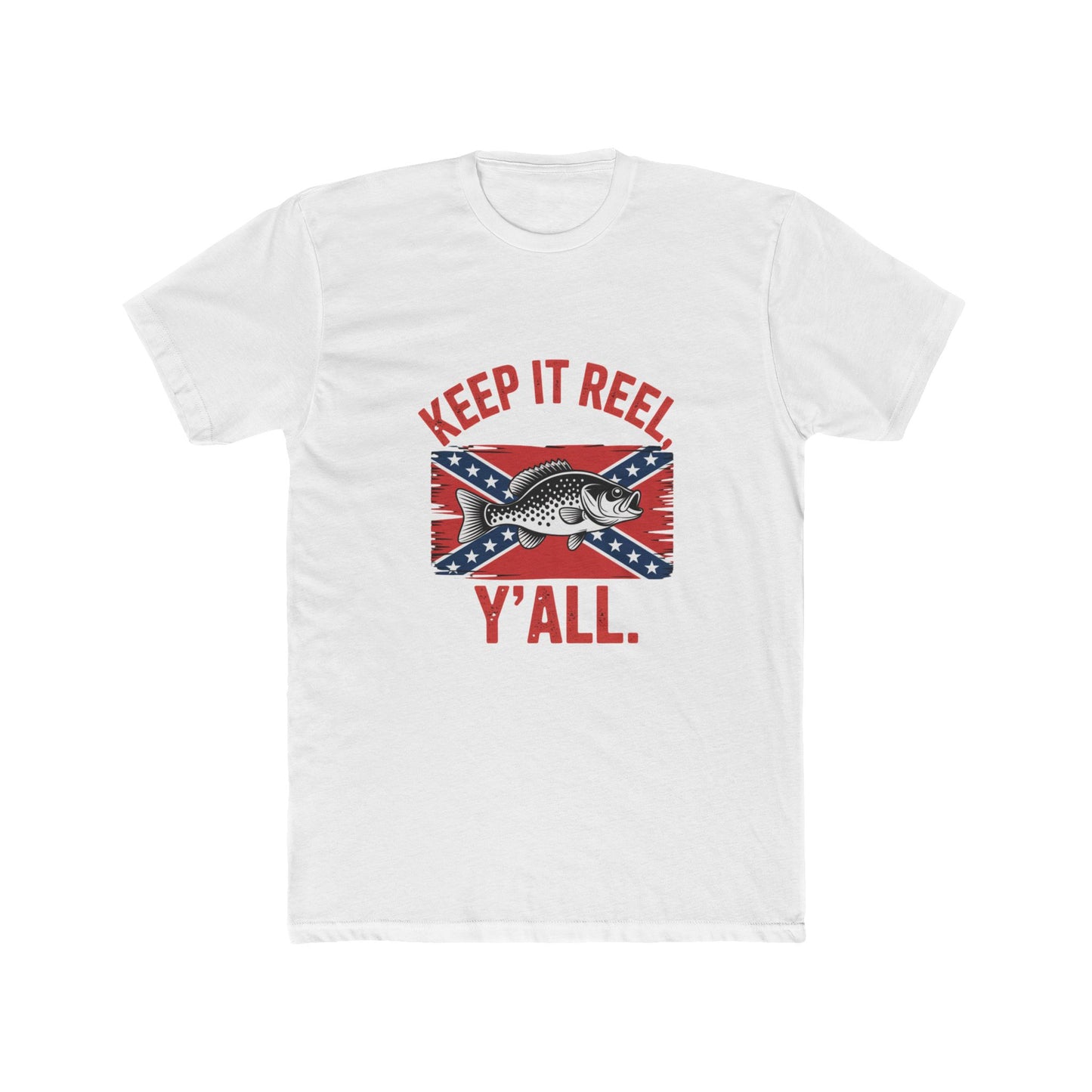 White t-shirt with Confederate flag fishing t-shirt design and Keep It Reel Y'all text