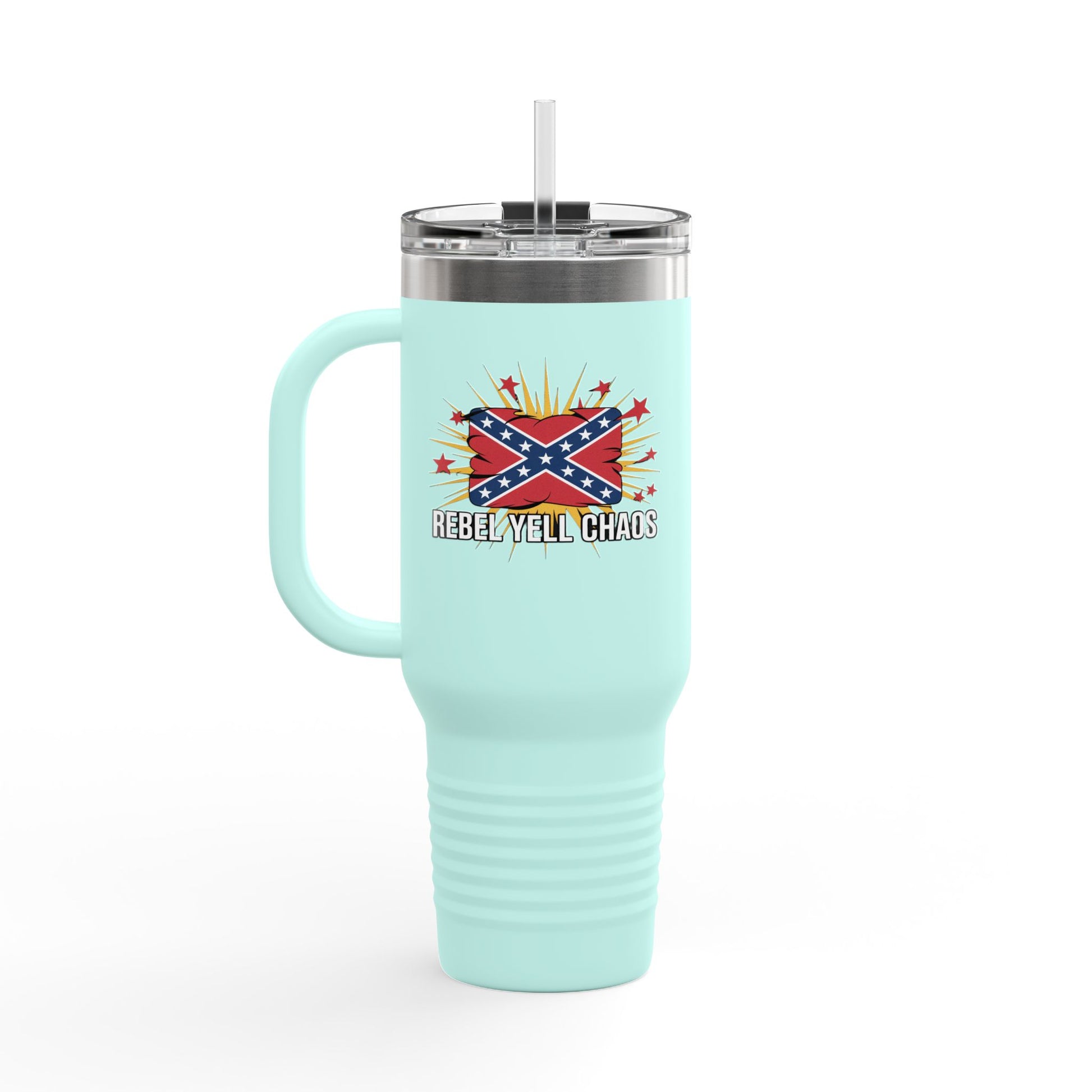 Confederate flag insulated travel mug with handle and lid by in light blue