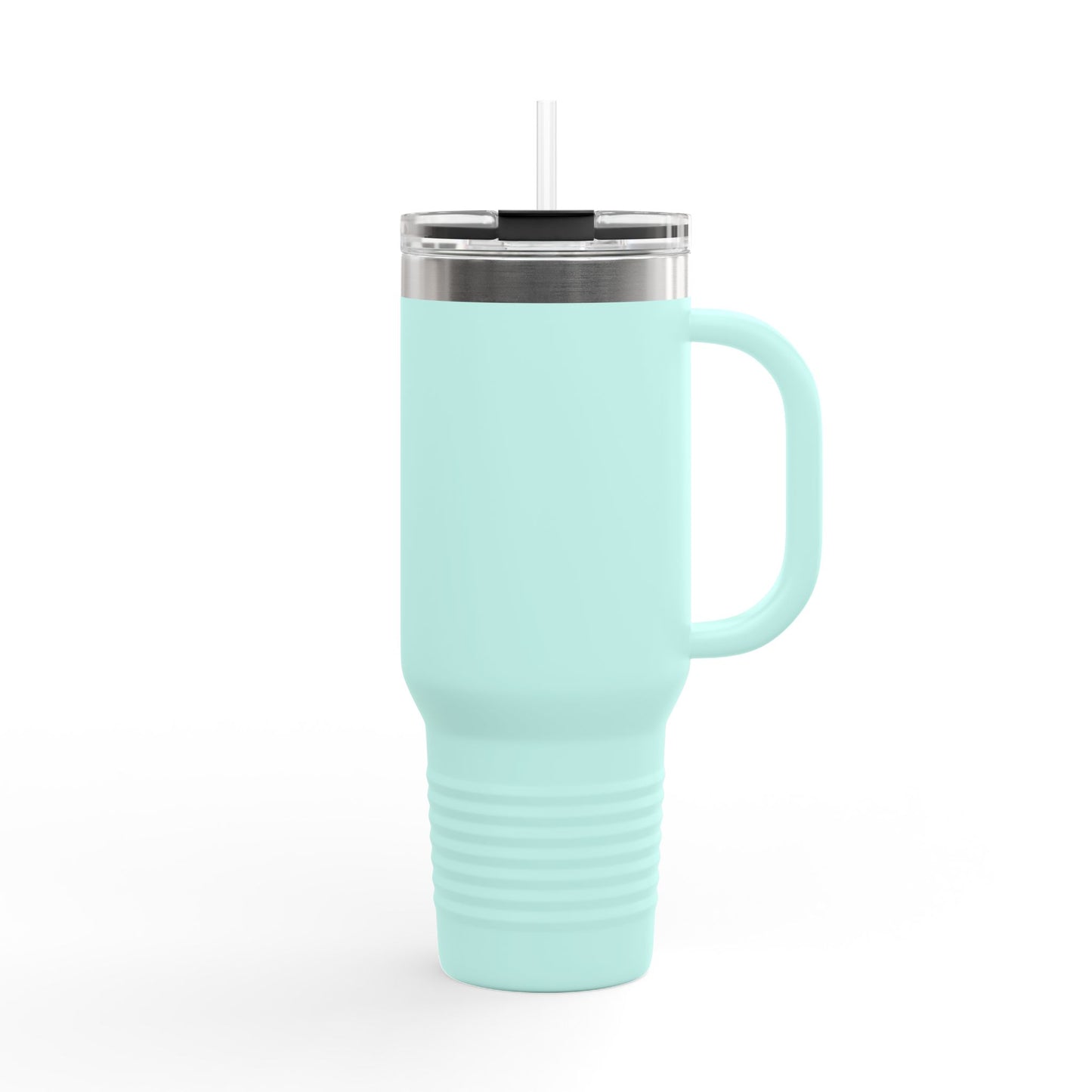 Mint green insulated travel mug with handle and clear lid by