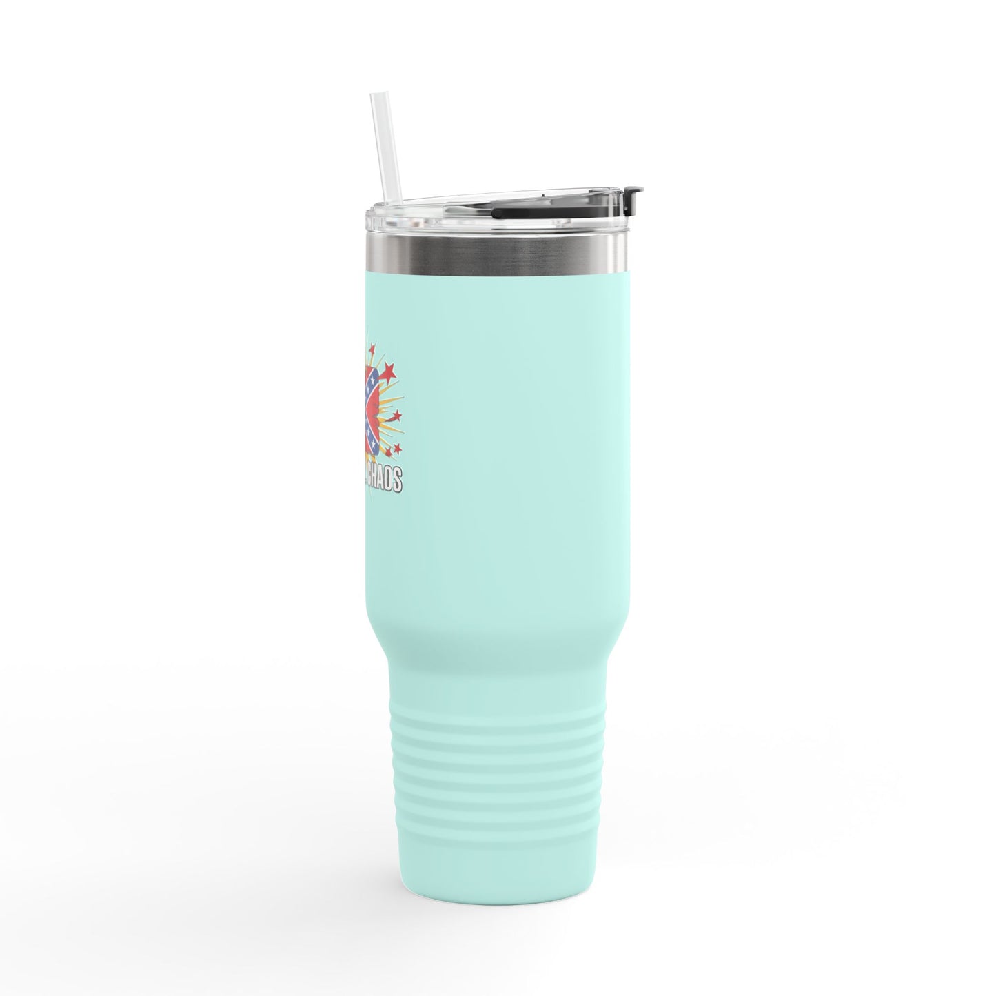 Confederate flag insulated travel mug by in light blue with clear lid and straw