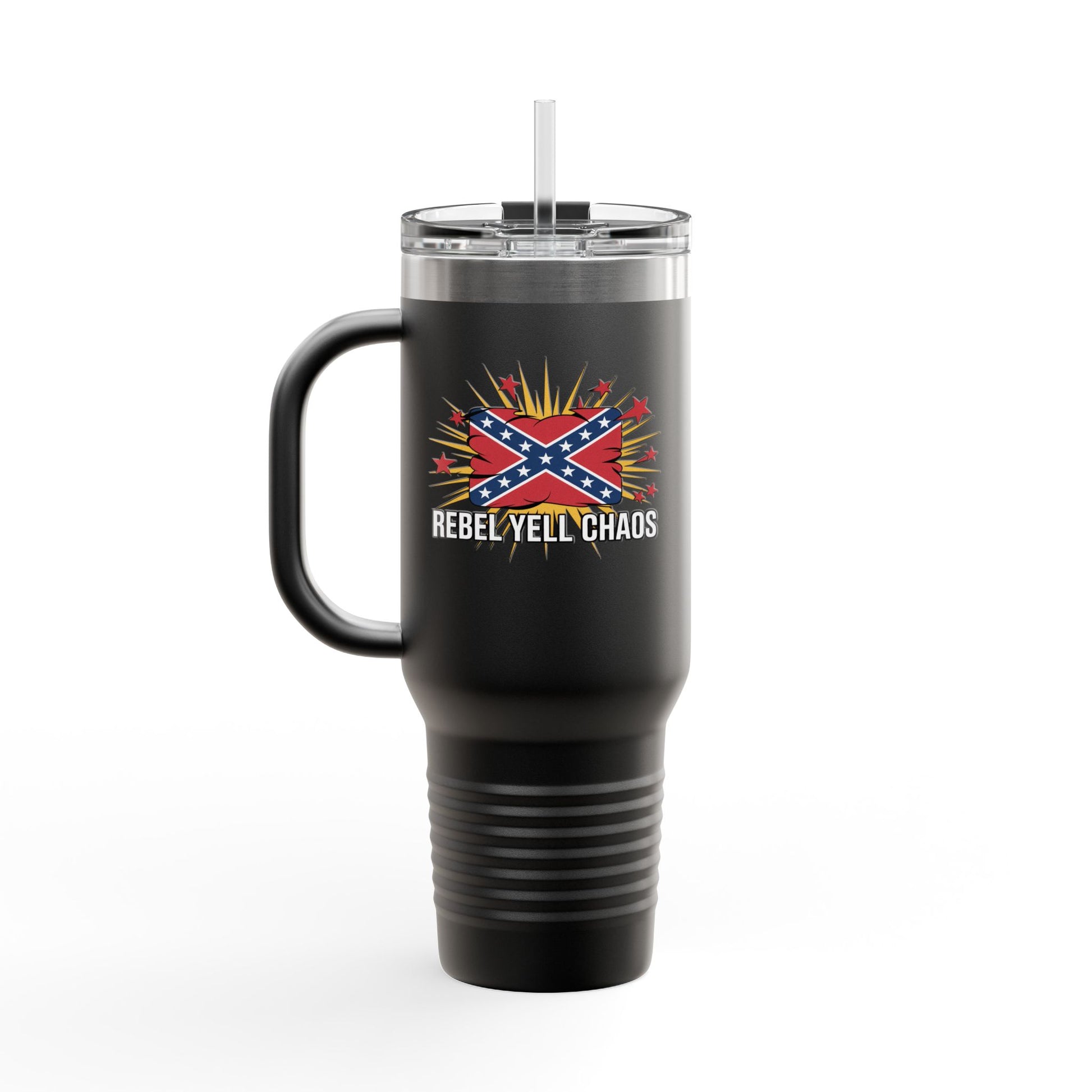 black confederate flag insulated travel mug with Rebel Yell Chaos design and clear lid