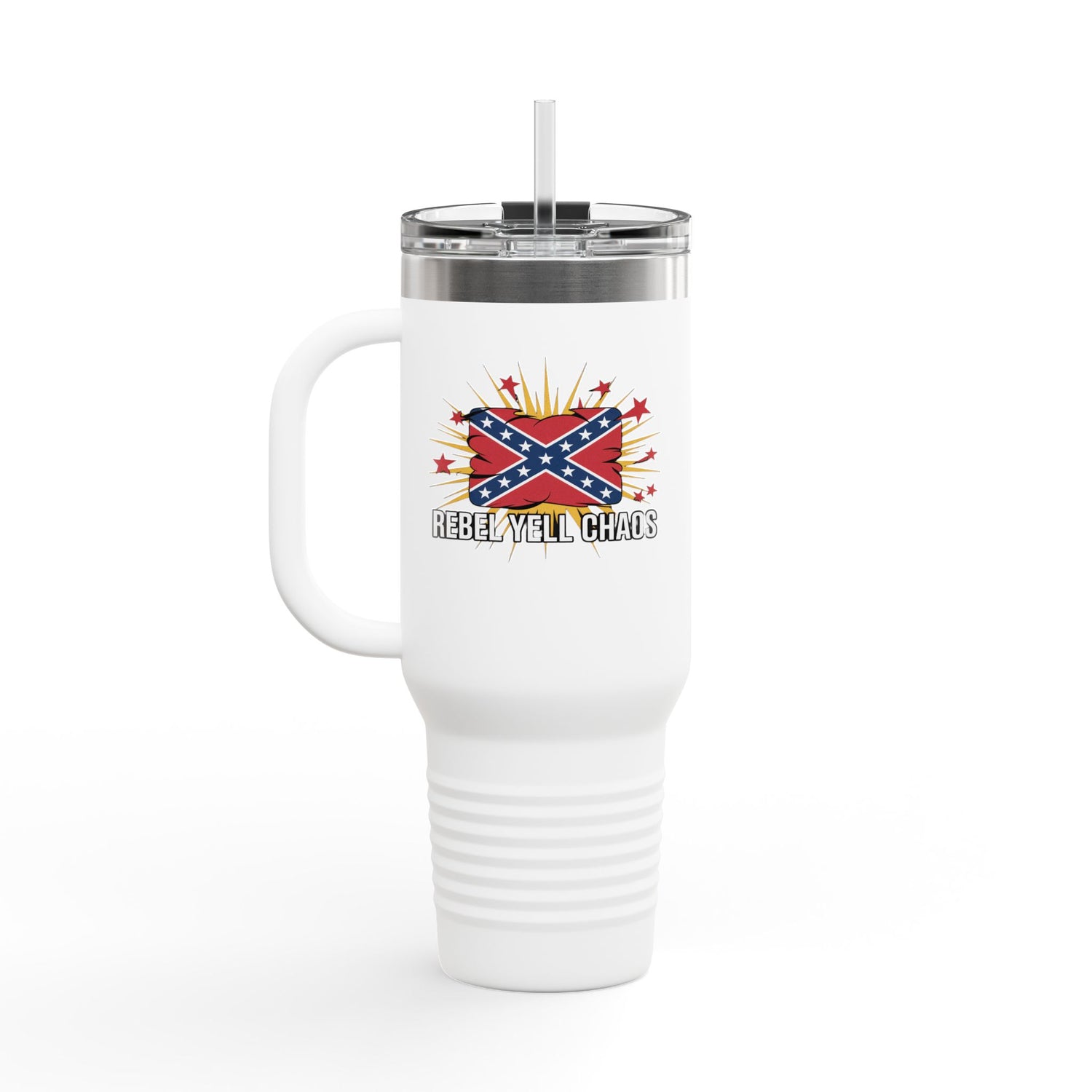 Confederate flag insulated travel mug with handle and straw featuring rebel yell chaos design
