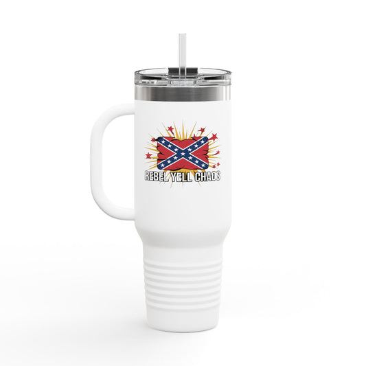Confederate flag insulated travel mug with handle and straw featuring rebel yell chaos design