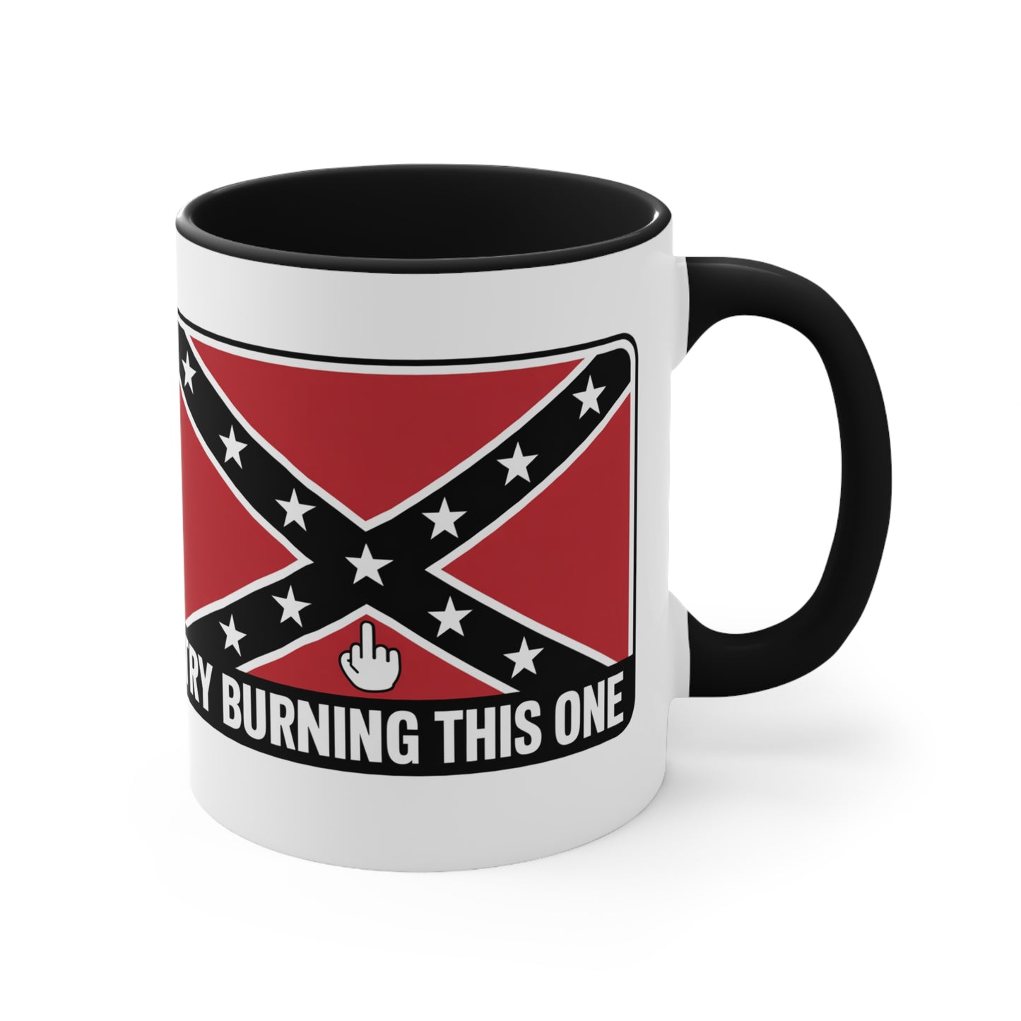 Confederate flag mug with black handle and inside showing a Confederate flag design
