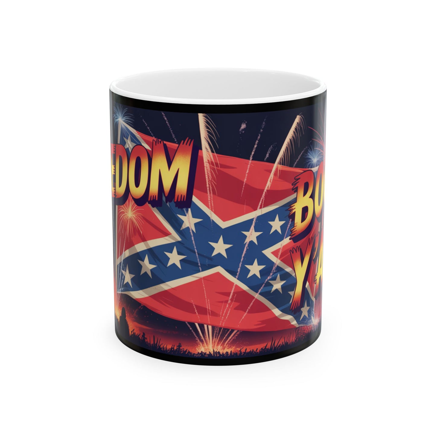 Confederate flag mug with fireworks design and bold text on glossy white ceramic cup