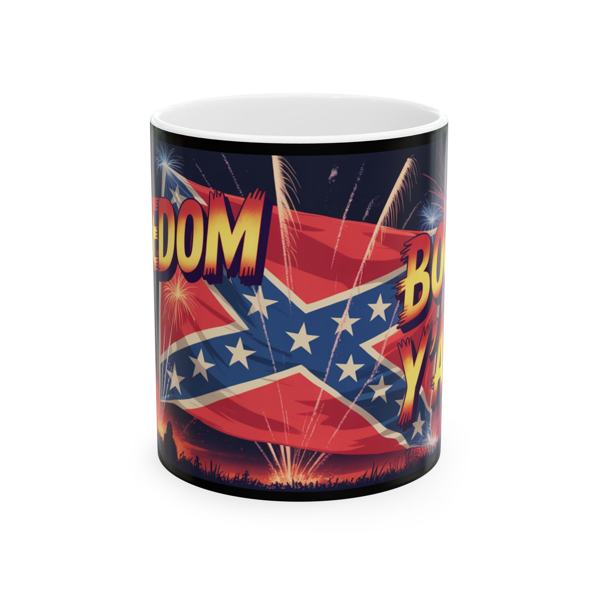 Confederate flag mug with fireworks design and bold text on glossy white ceramic cup