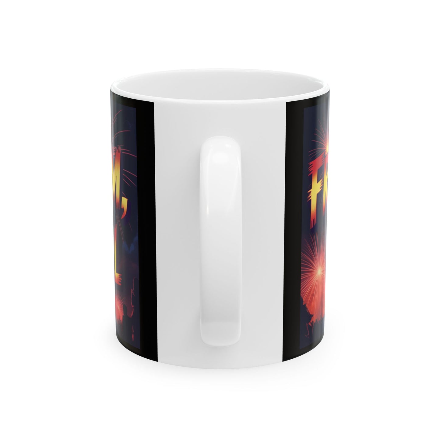 White ceramic mug featuring a Confederate flag mug design with fireworks and bold text