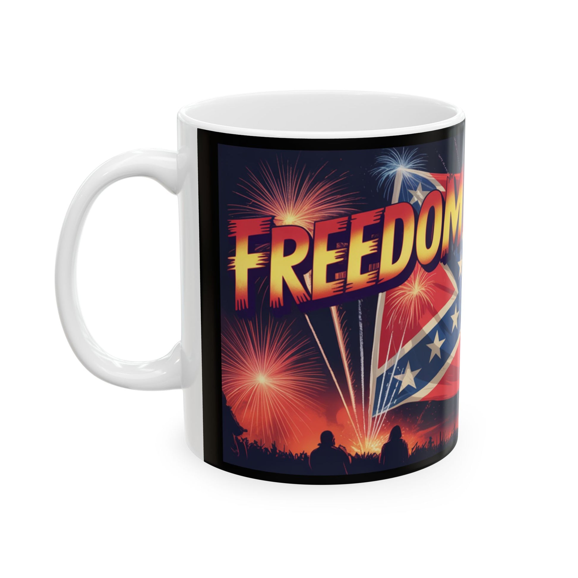 White mug featuring a Confederate flag mug design with fireworks and the word freedom