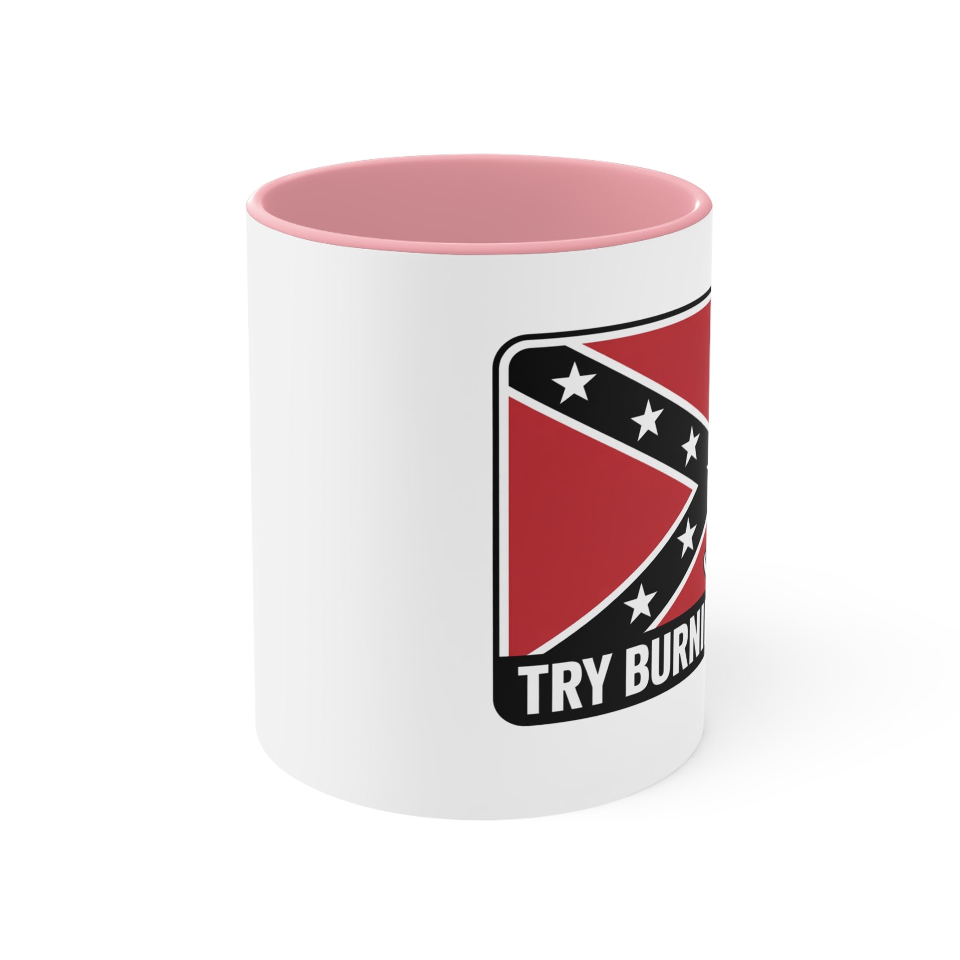 ceramic mug with a pink interior featuring a Confederate flag mug design