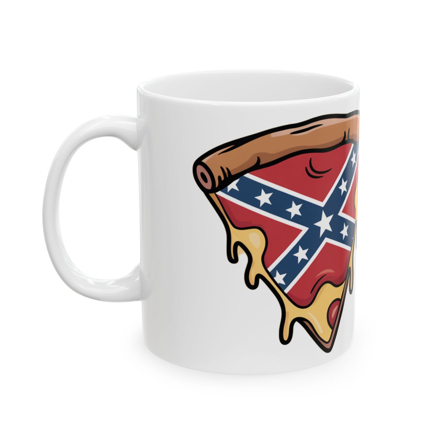 White ceramic mug featuring a slice of pizza with a confederate flag mug design