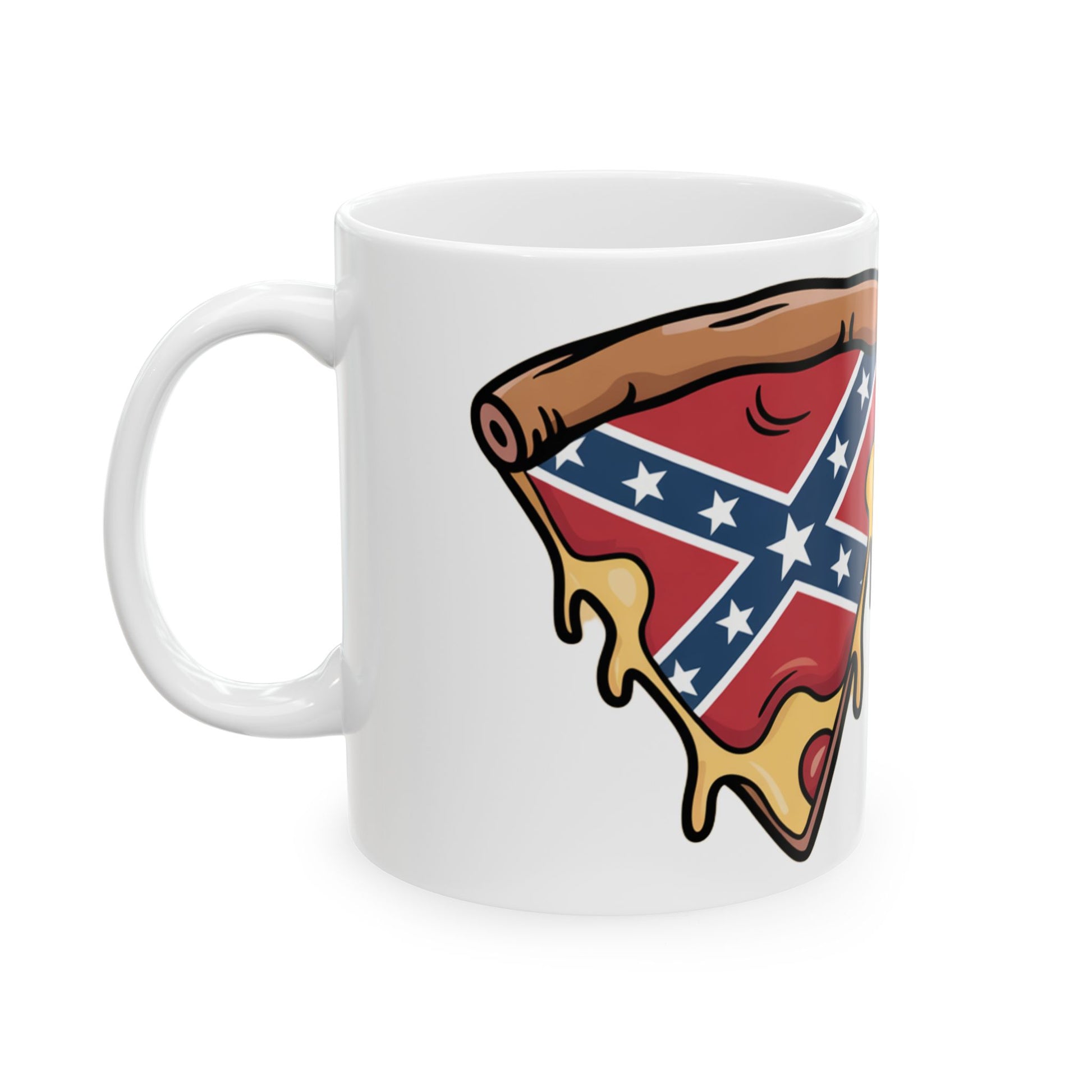 White ceramic mug featuring a slice of pizza with a confederate flag mug design