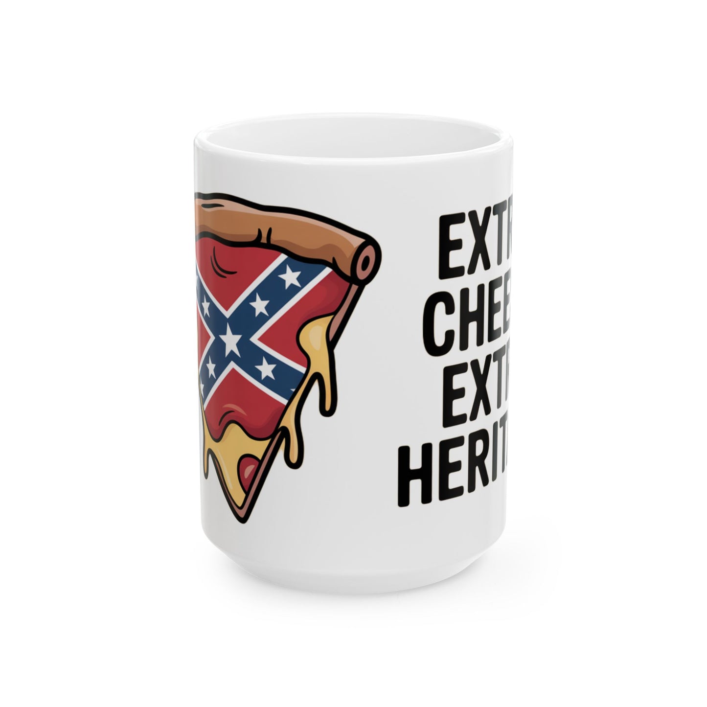 White ceramic Confederate flag mug with graphic of pizza slice featuring Confederate flag design