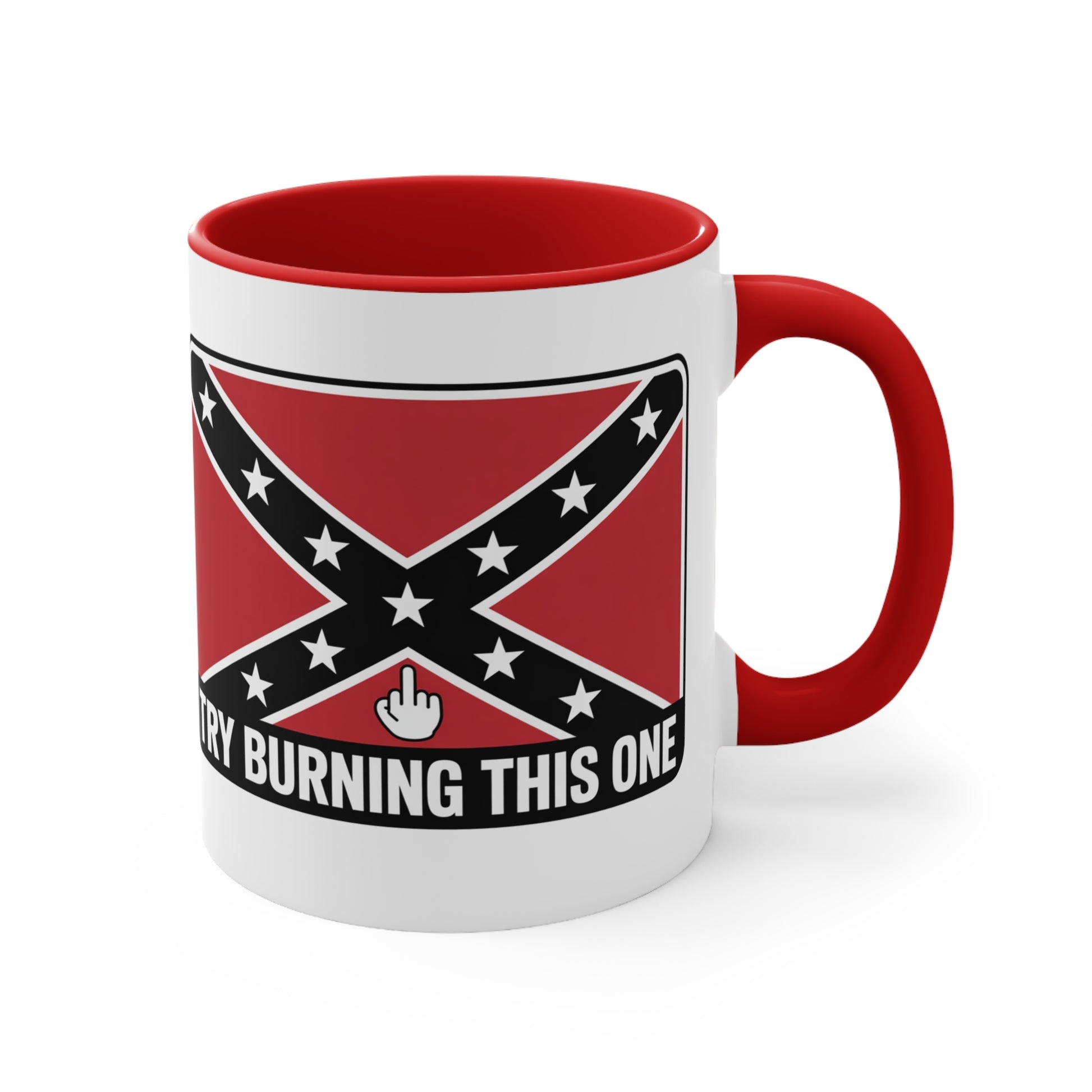 Confederate flag mug with red interior and handle featuring bold graphic and text design