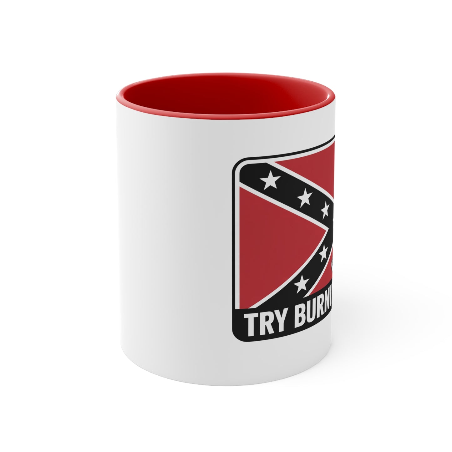 Confederate flag mug with red interior and graphic design featuring flag and text
