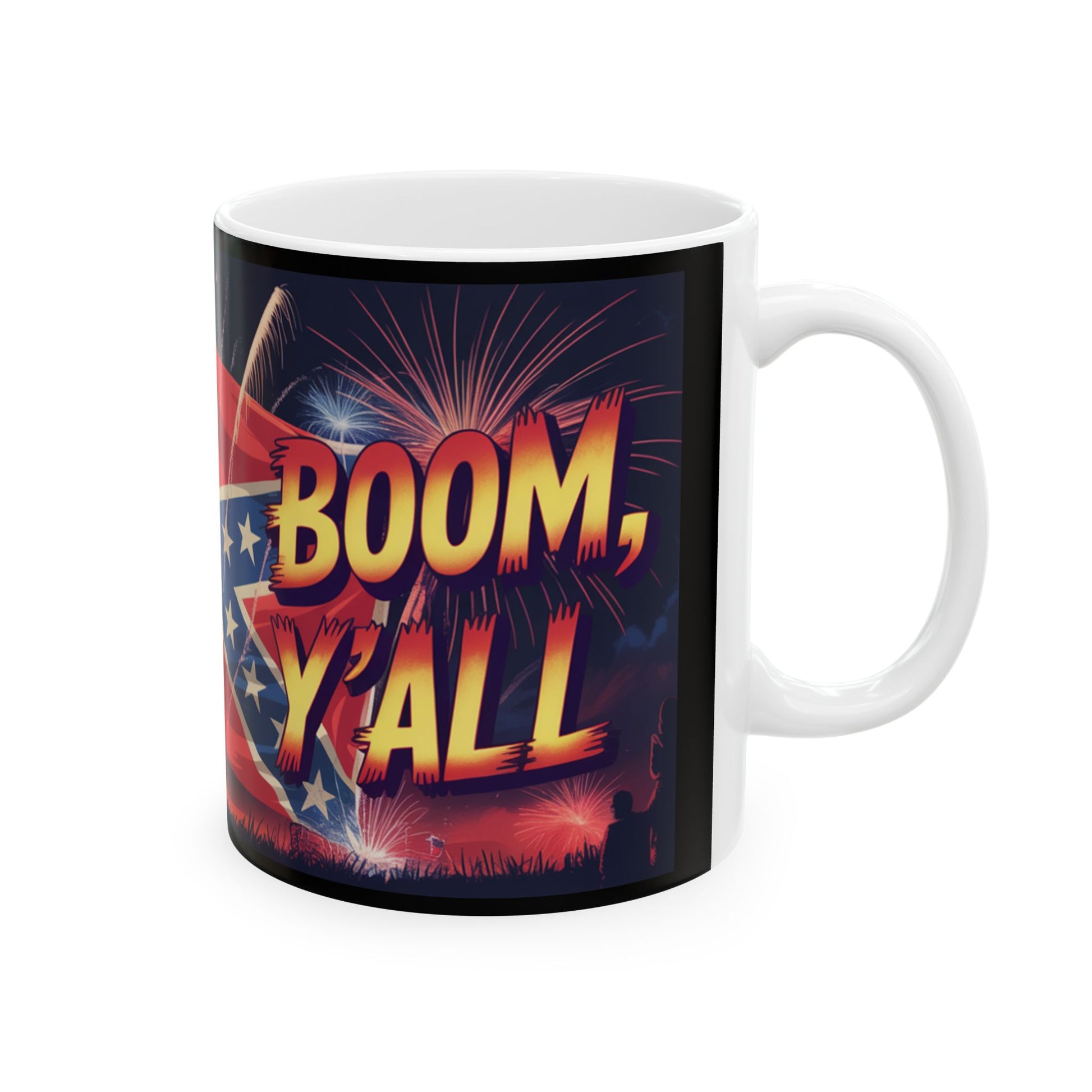 White mug featuring a Confederate flag mug design with fireworks and the text Boom Y'all