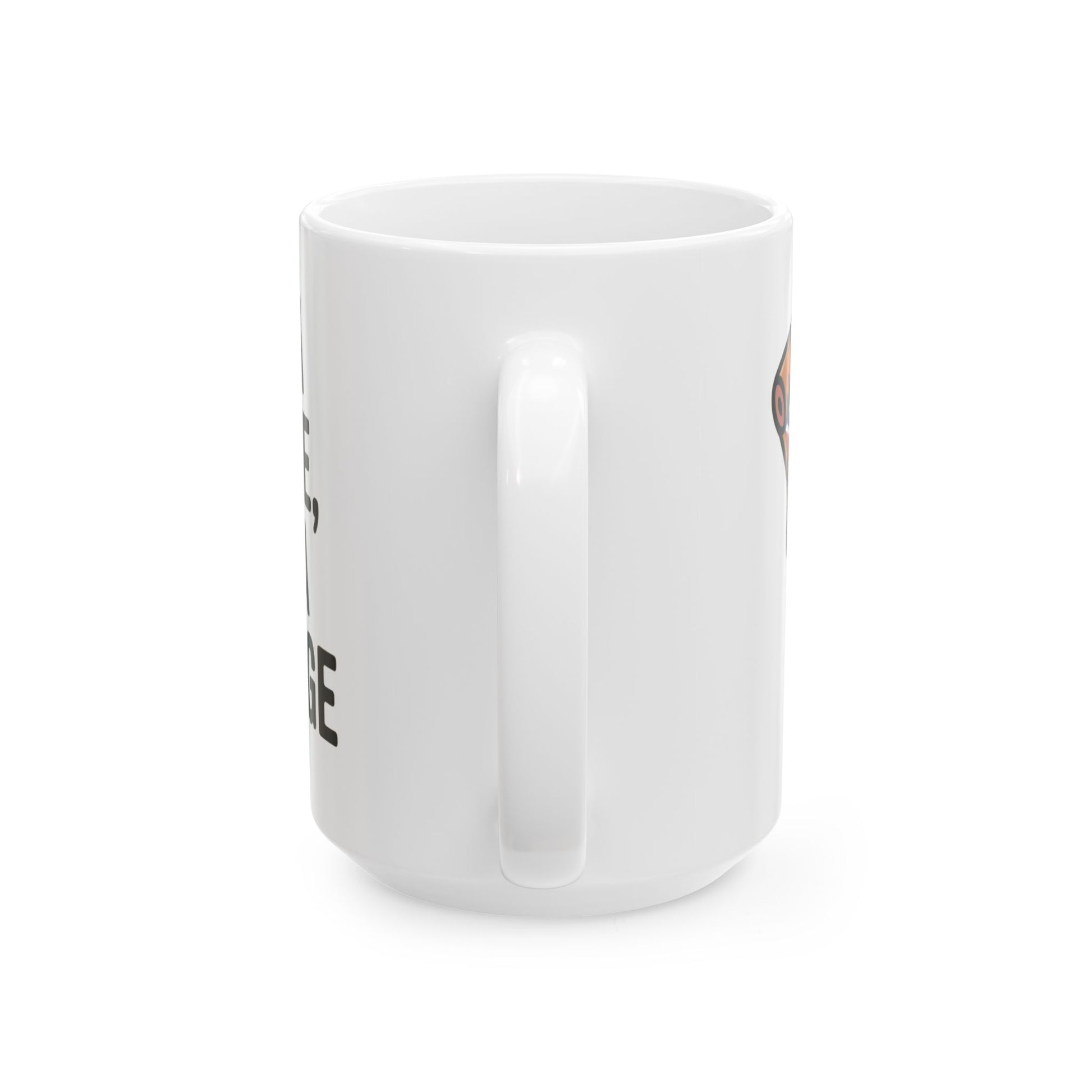 White ceramic Confederate flag mug with handle and partial text design on the side
