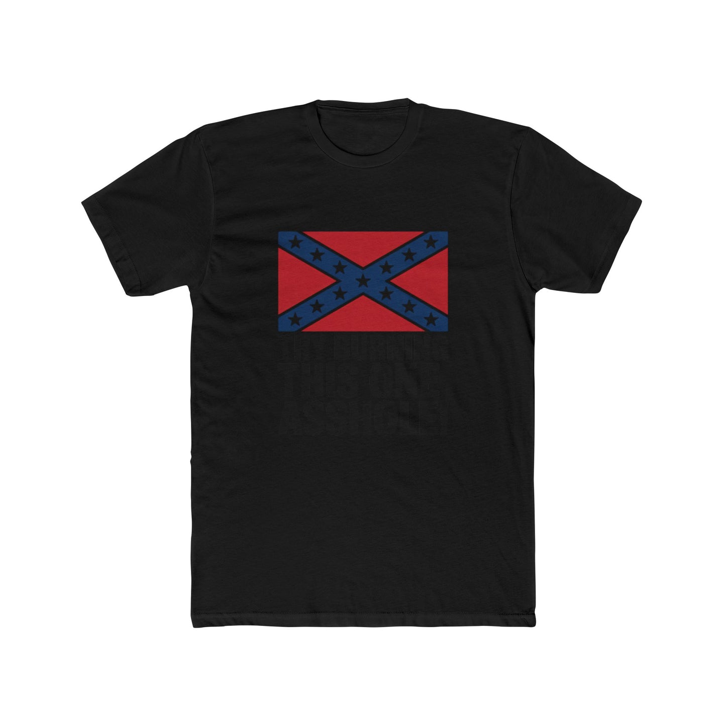 Black t-shirt featuring a Confederate flag t-shirt design in red and blue with stars
