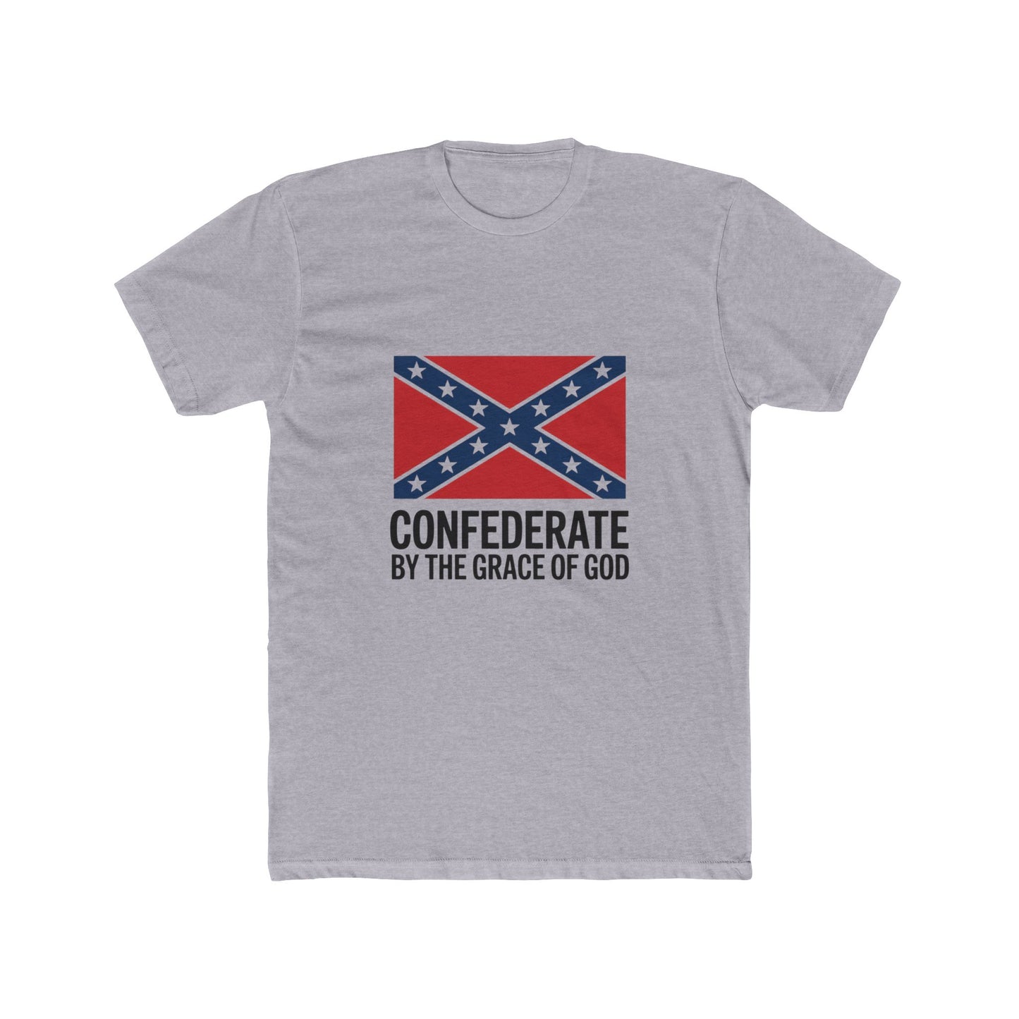 Confederate flag t-shirt with red and blue design and text Confederate by the grace of God