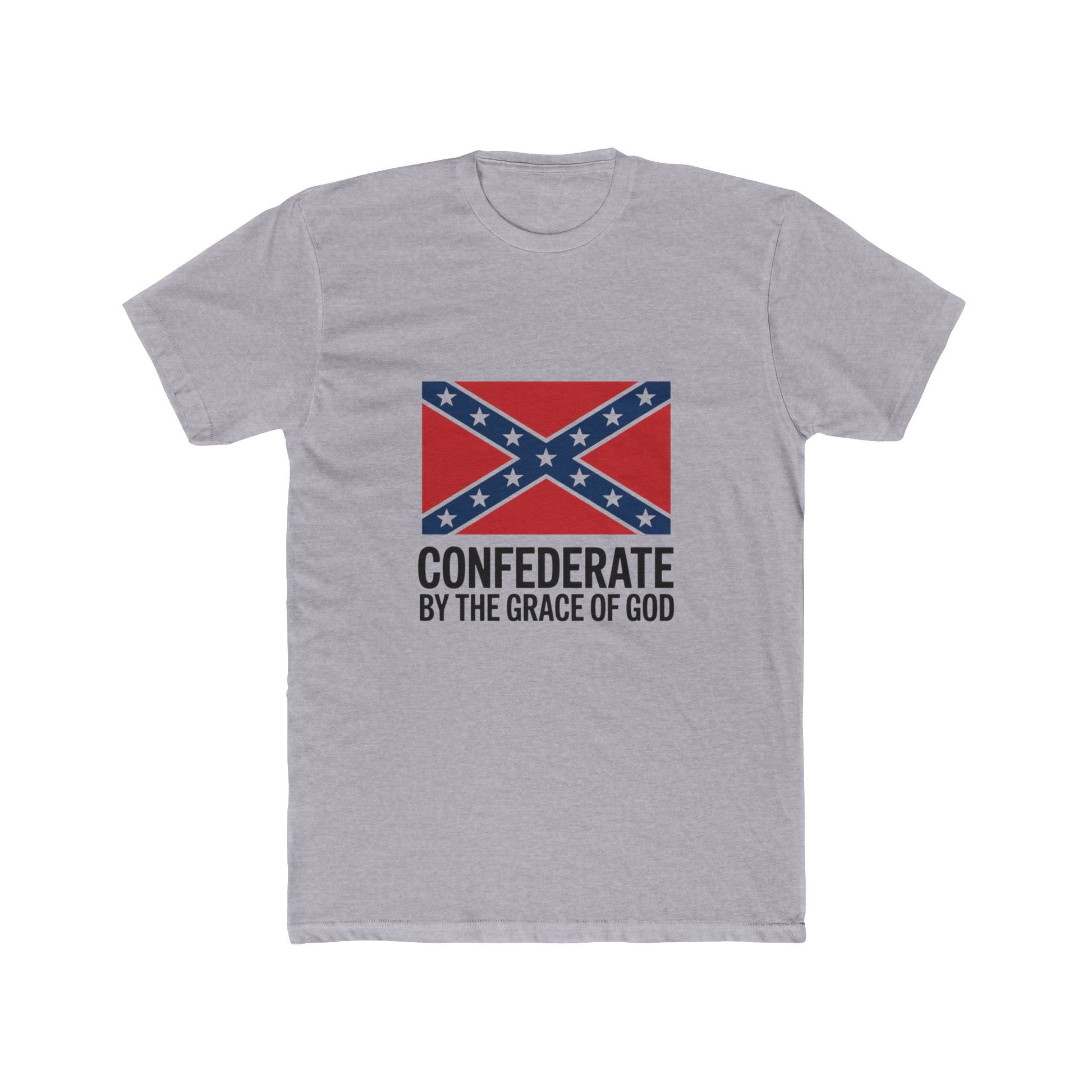 Confederate flag t-shirt with red and blue design and text Confederate by the grace of God