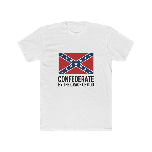 White t-shirt featuring a Confederate flag t-shirt design with text by the grace of God