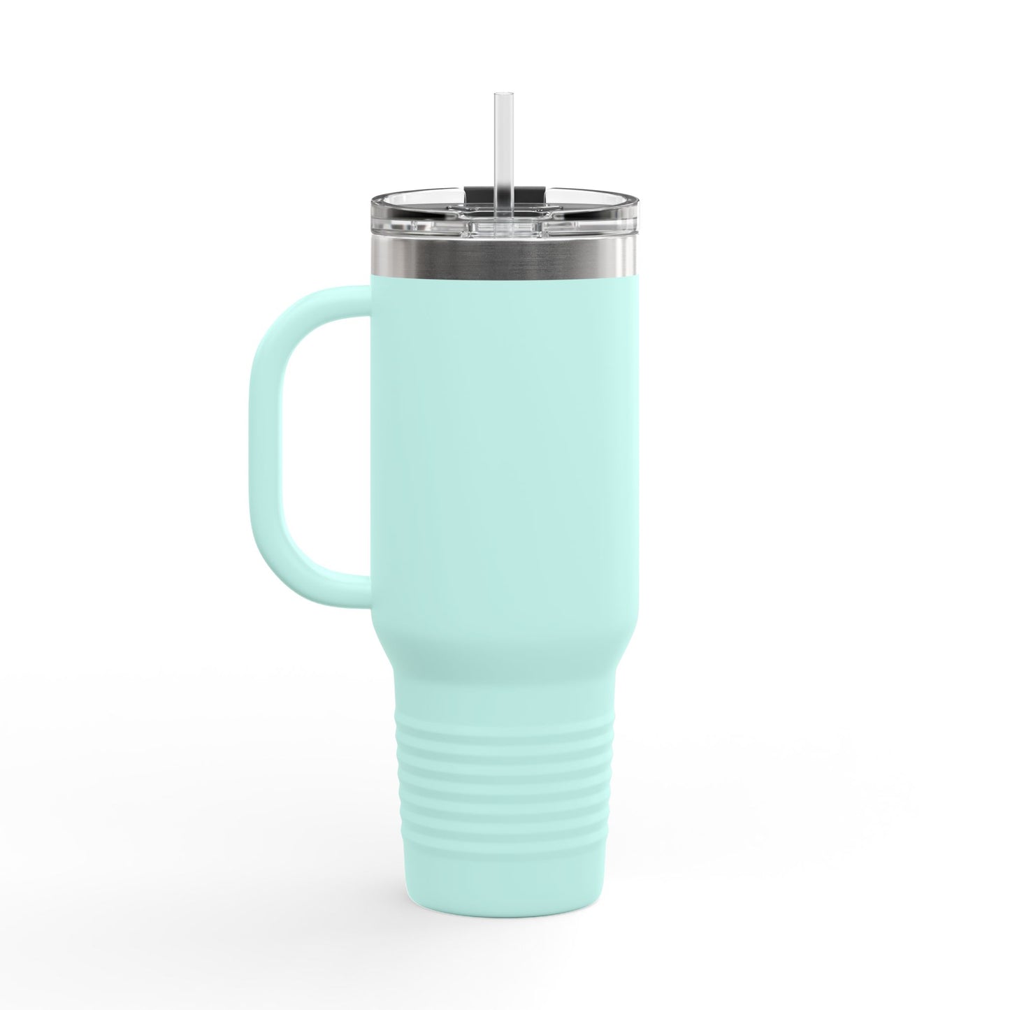 Light blue mug with handle and clear lid shown from front without Confederate flag travel mug design