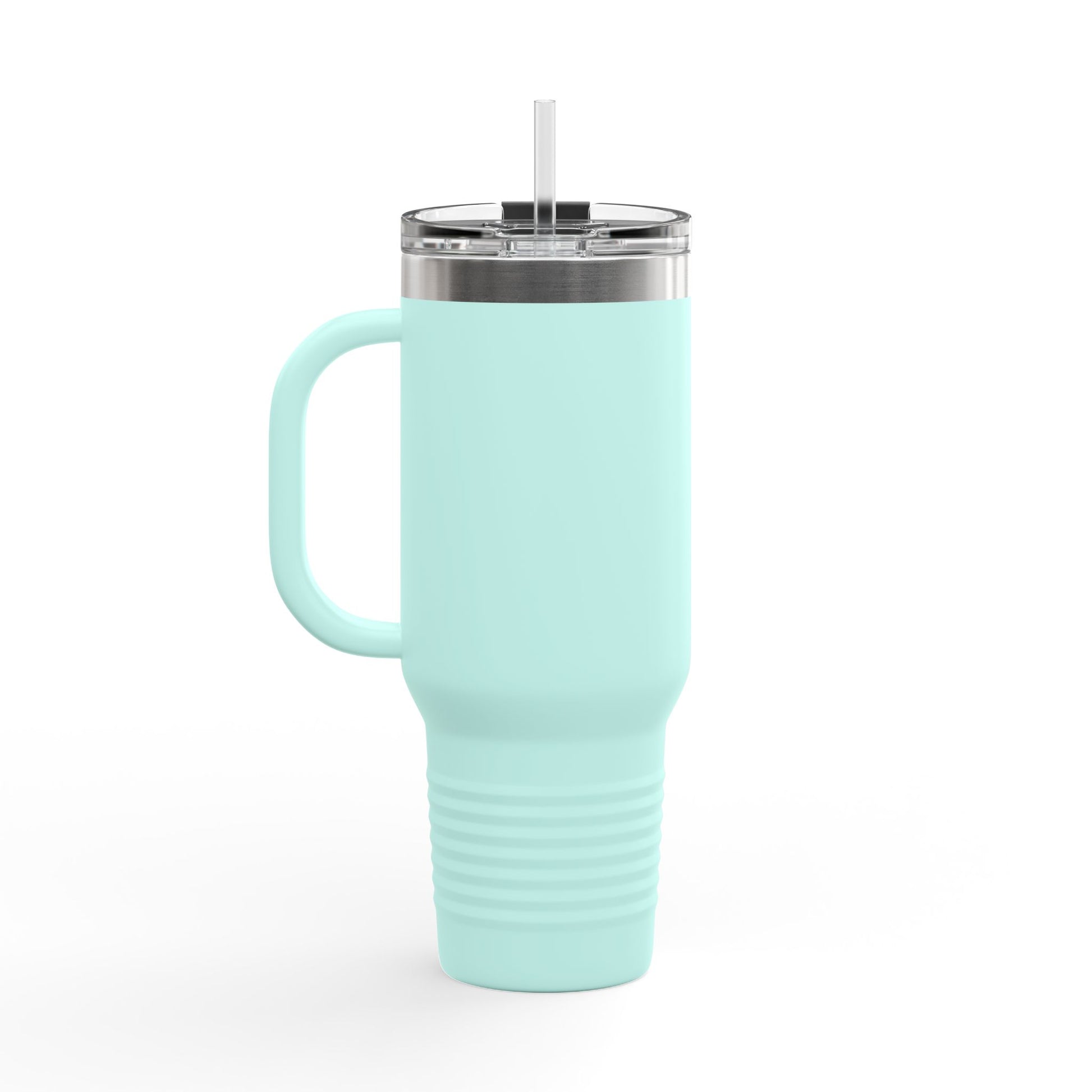 Light blue mug with handle and clear lid shown from front without Confederate flag travel mug design
