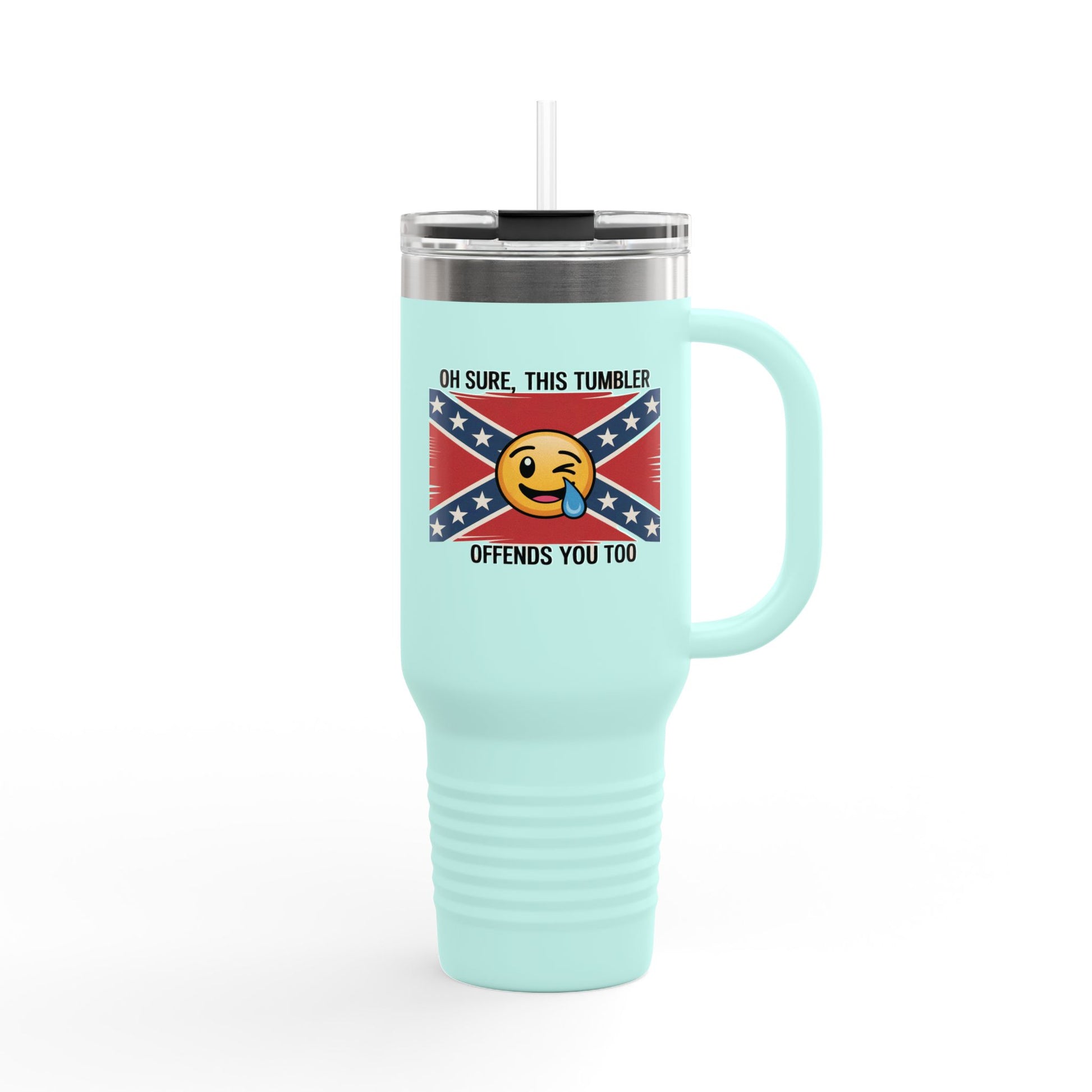 Light blue Confederate flag travel mug with funny emoji and text design