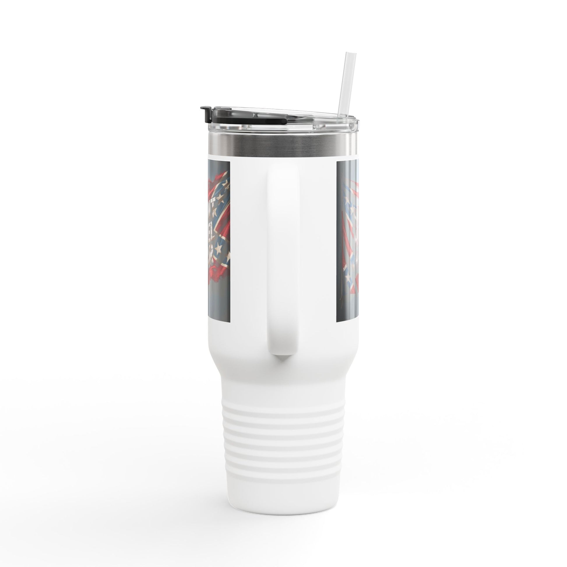 White confederate flag travel mug with lid and straw showing flag design on side
