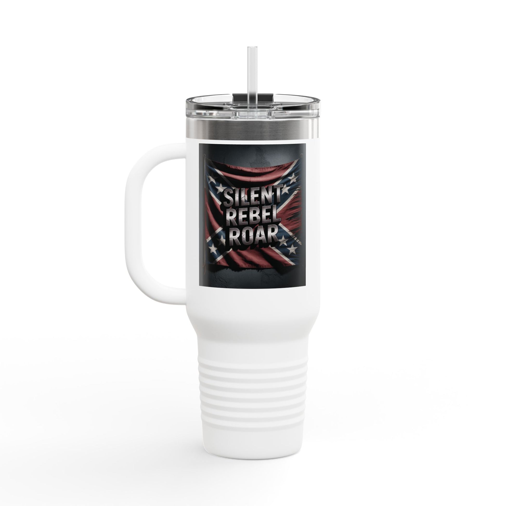 White Confederate flag travel mug with handle and lid featuring a silent rebel roar design