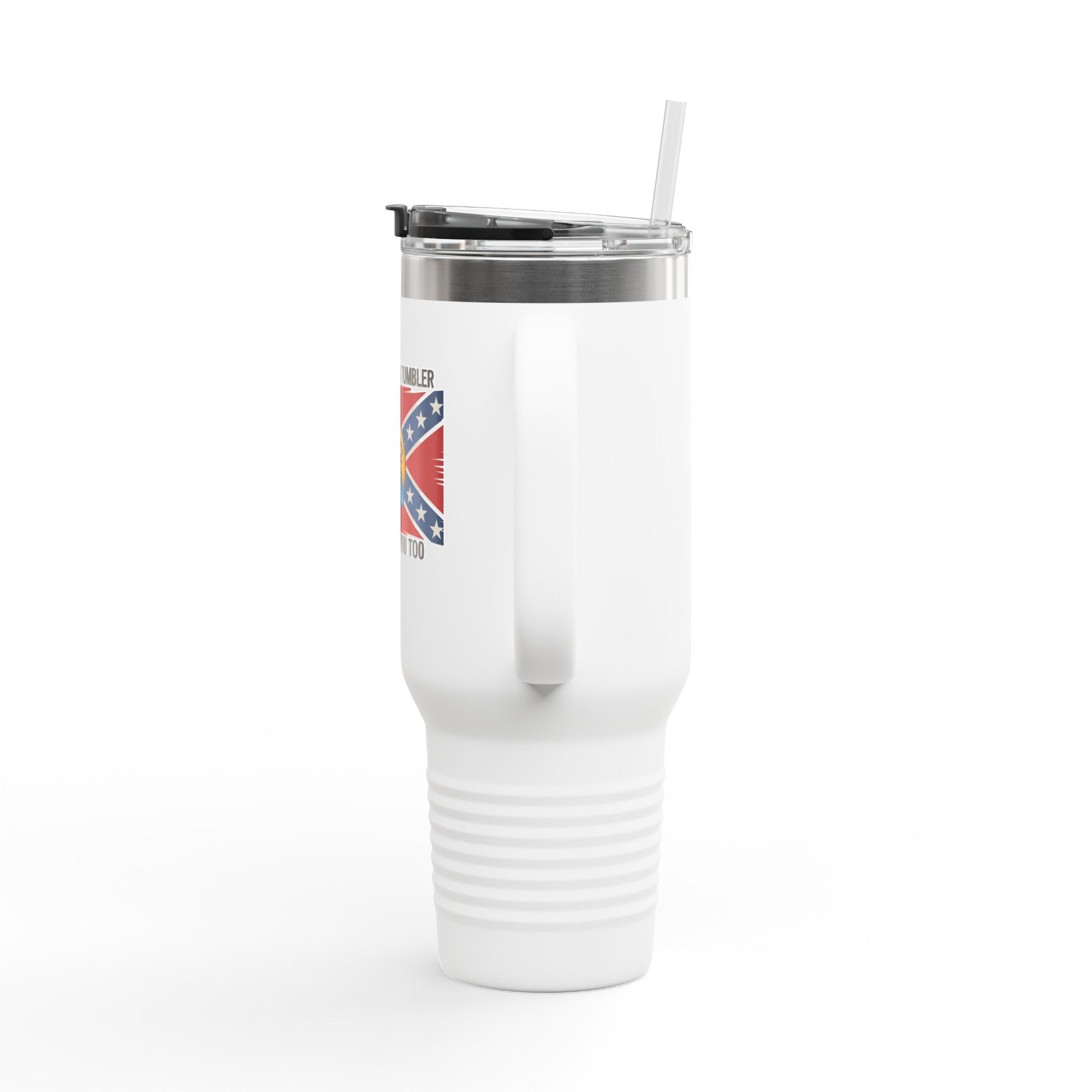 white Confederate flag travel mug with handle and clear lid featuring a straw