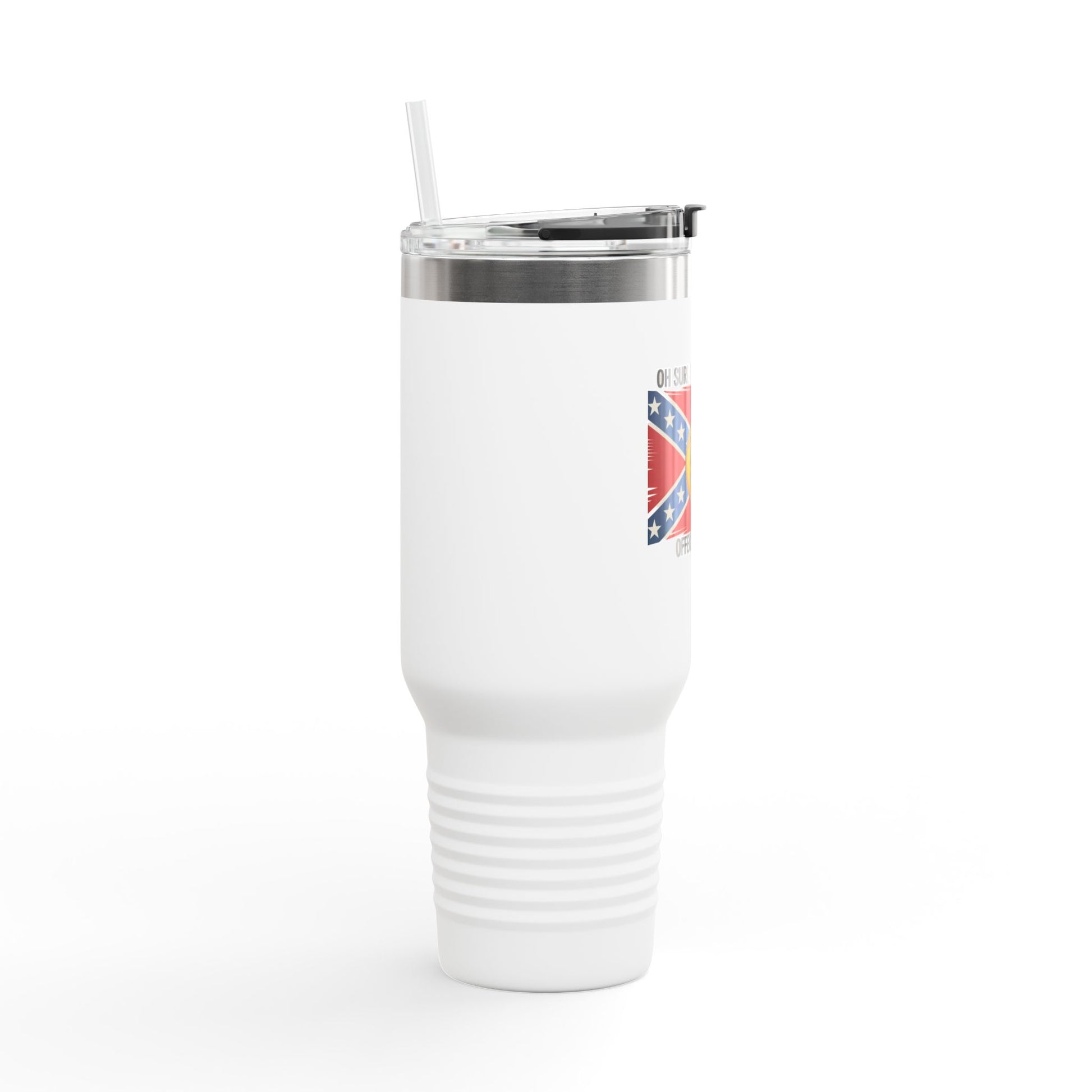 White mug with clear lid and straw featuring Confederate flag travel mug design