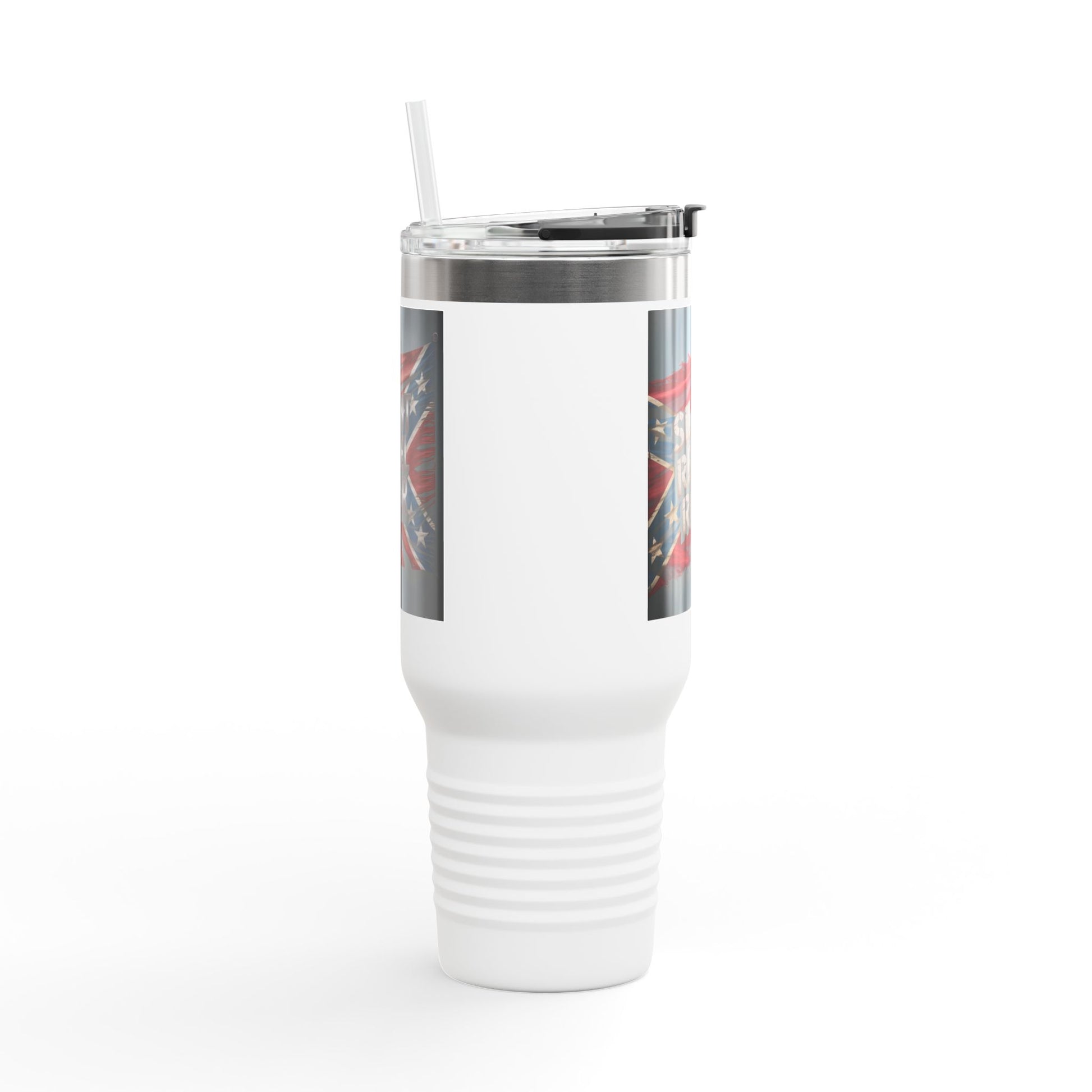 White insulated Confederate flag travel mug with clear lid and straw for on-the-go use