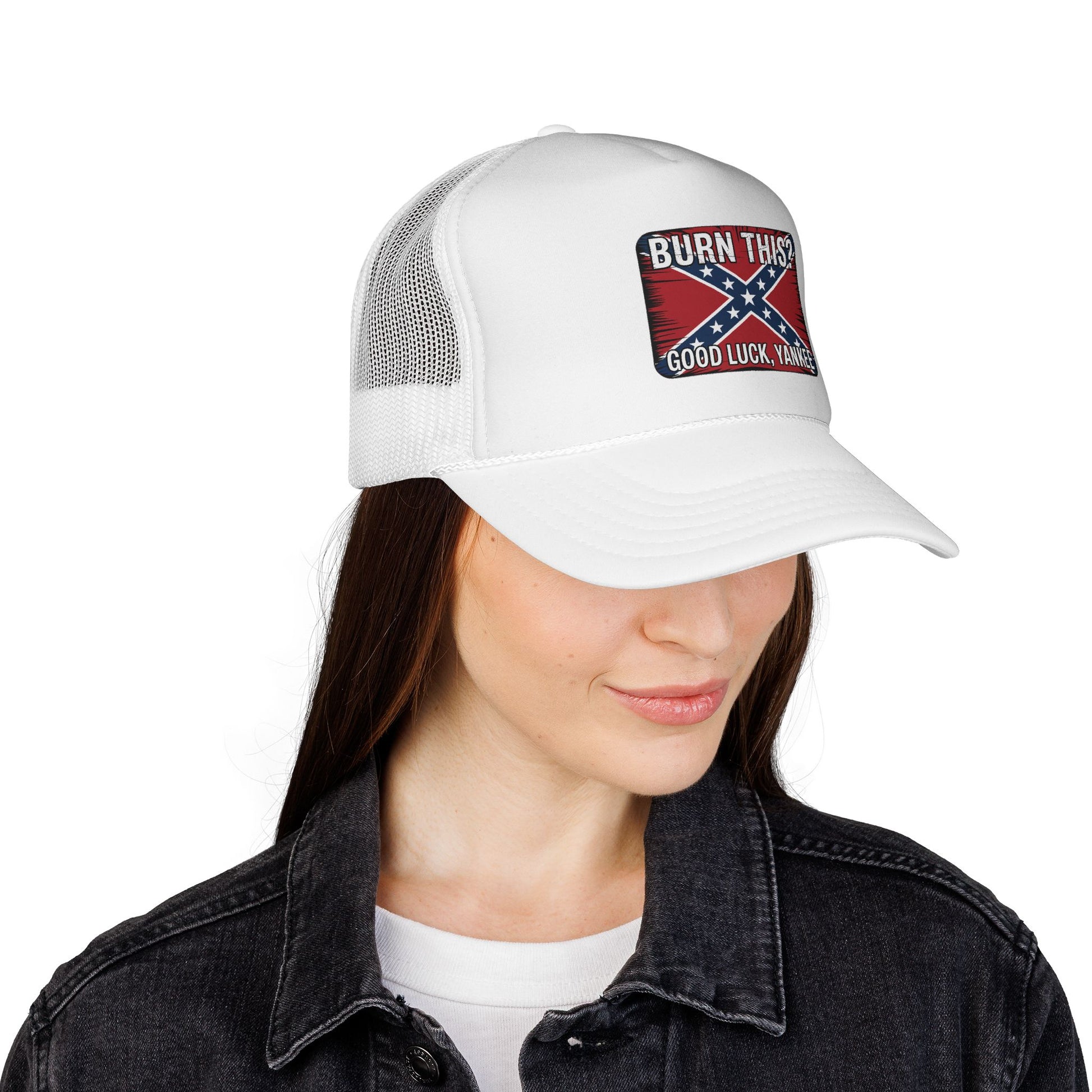 White Confederate flag trucker cap with mesh back worn by woman in black jacket