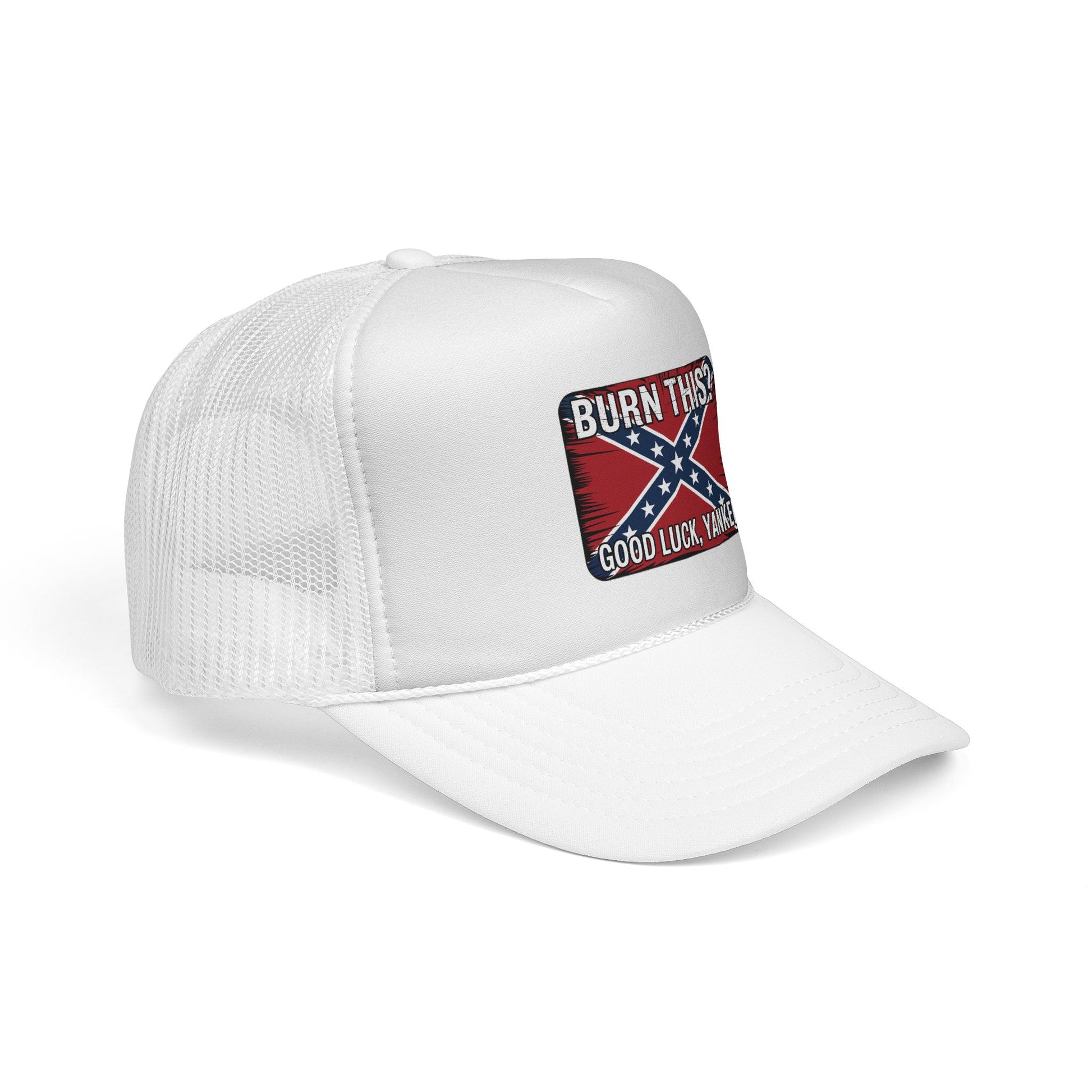 White confederate flag trucker cap with mesh back and front patch design