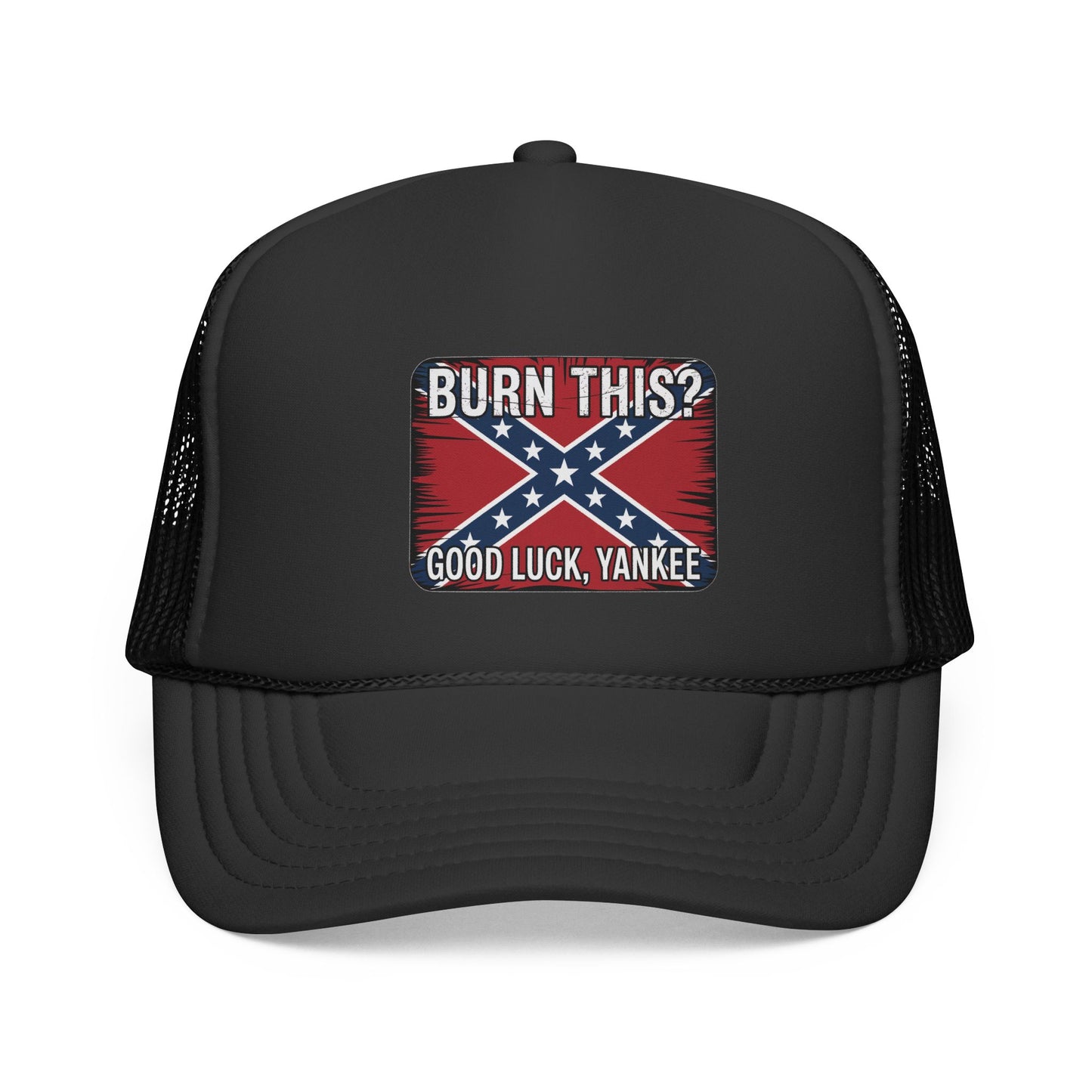 black Confederate flag trucker cap with mesh back and bold graphic patch on front