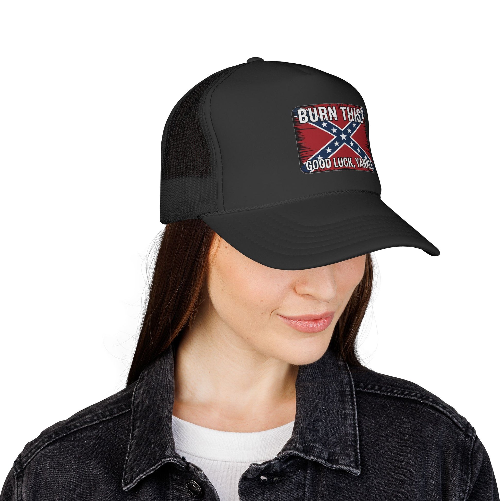 Printify black Confederate flag trucker cap with Burn This Good Luck graphic worn by woman