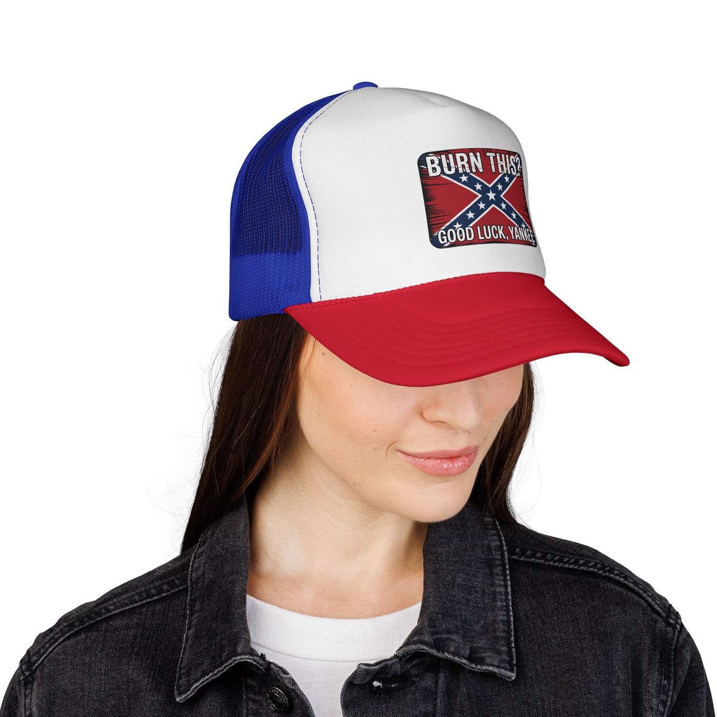 Printify Confederate flag trucker cap with red bill, white front panel, and blue mesh back worn by woman