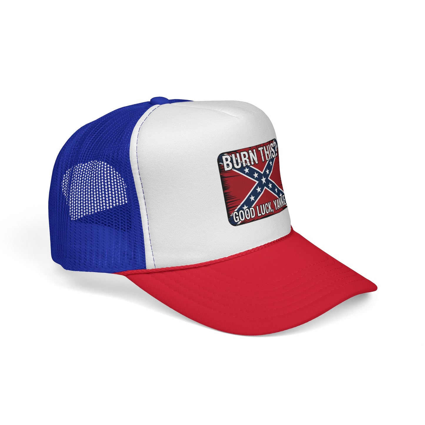 Printify Confederate flag trucker cap with red bill blue mesh back and white front panel