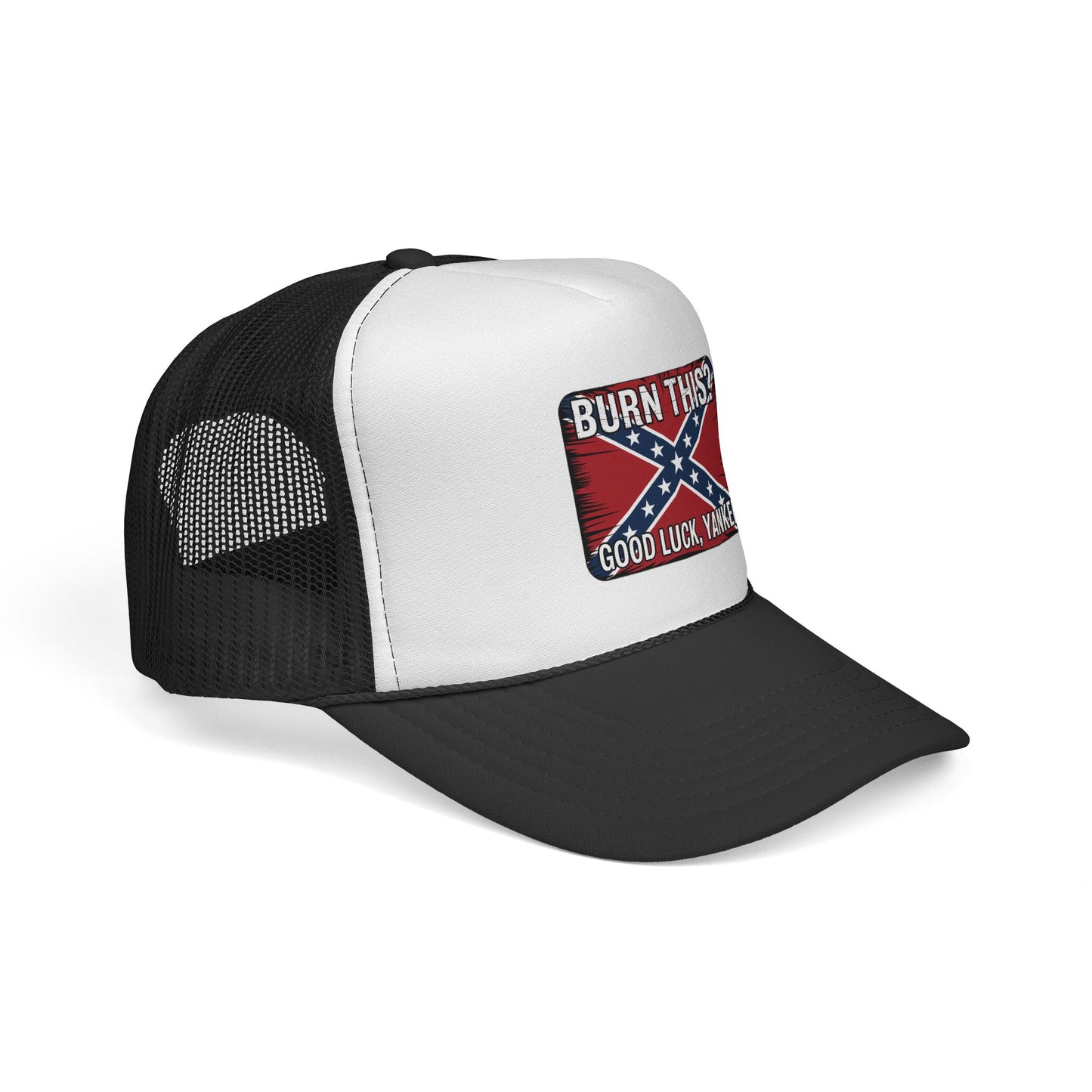 Printify Confederate flag trucker cap with black mesh back and white front panel design