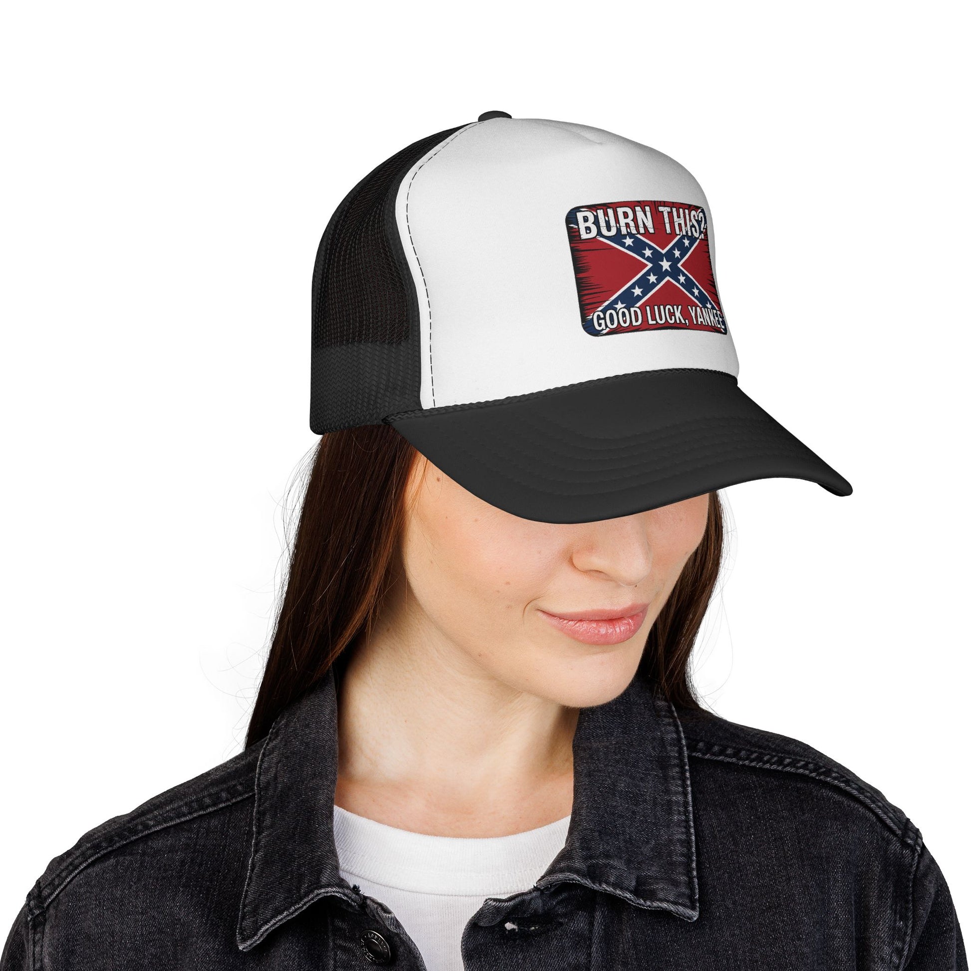 Printify Confederate flag trucker cap with black mesh and white front worn by woman