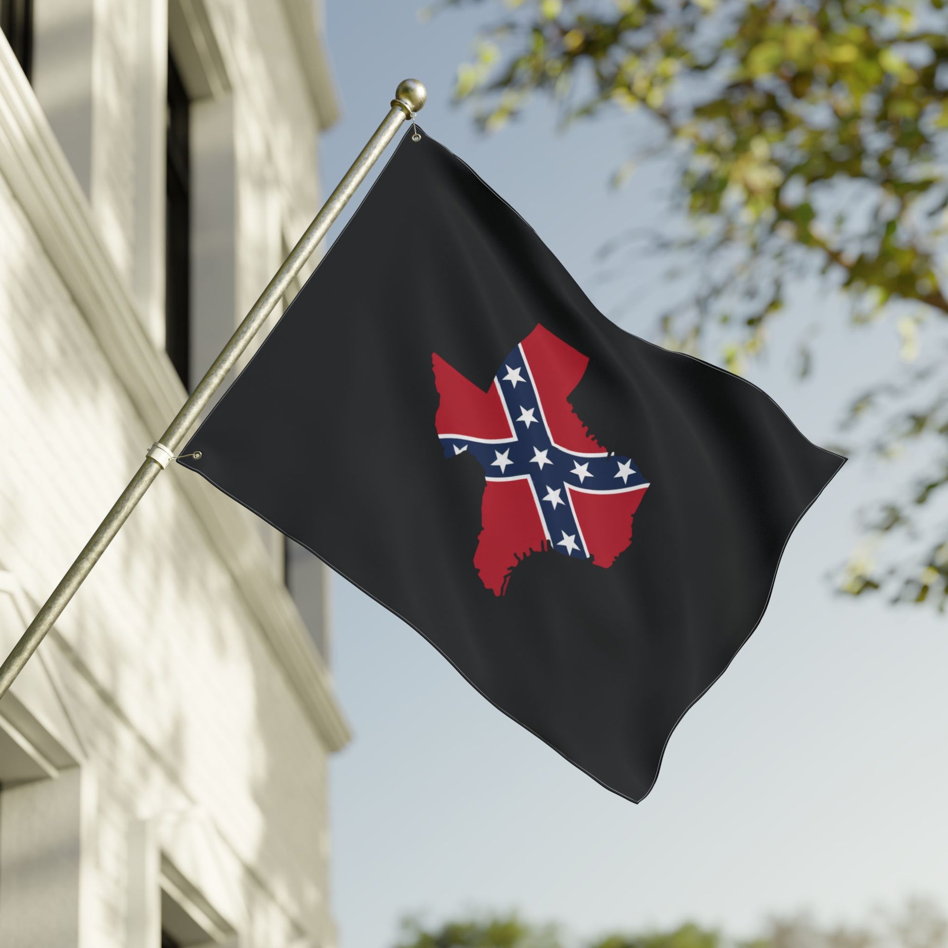 Confederate Texas outdoor flag waving on a pole outside a white house with blue sky background