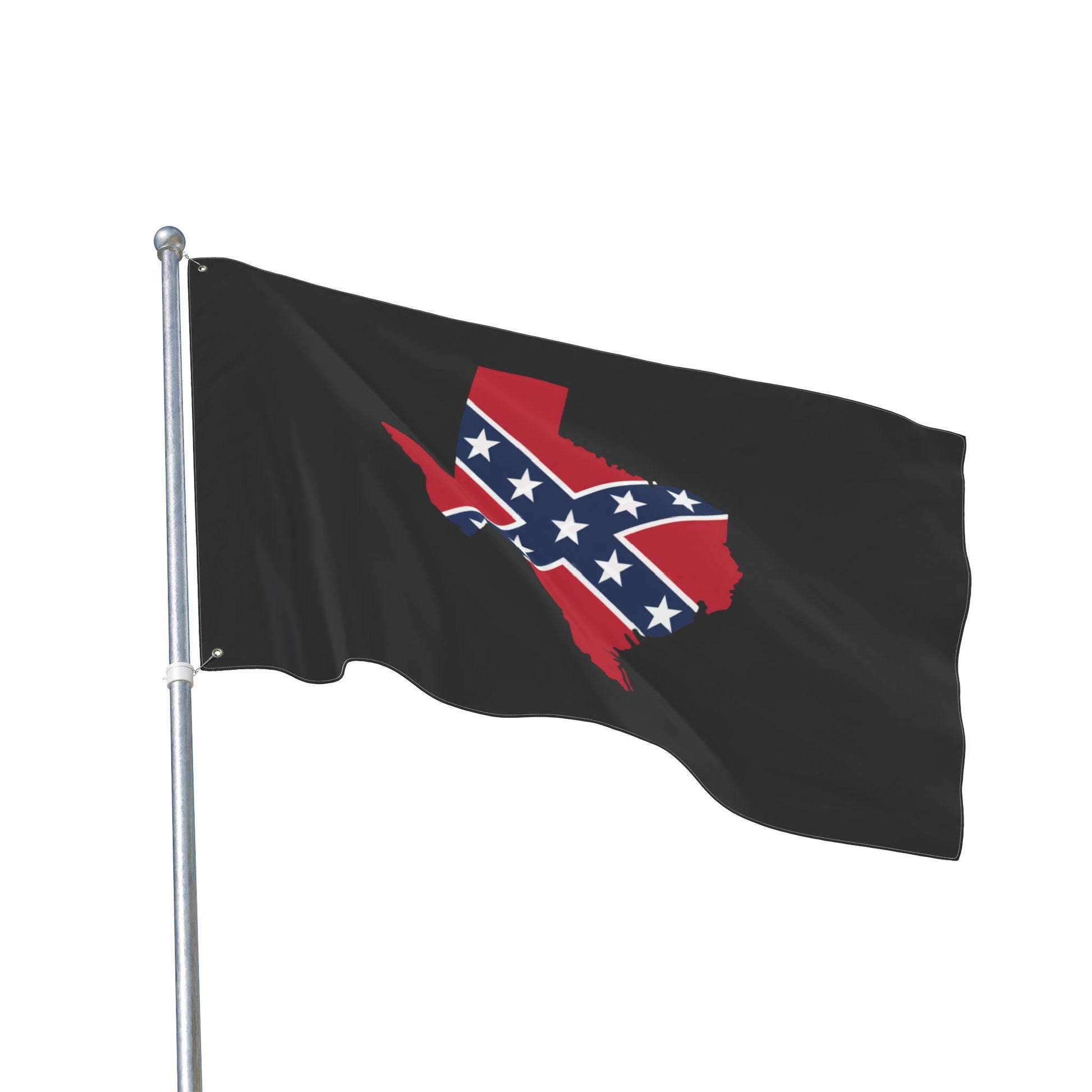 Confederate Texas outdoor flag with black background and red Texas shape featuring Confederate stars design