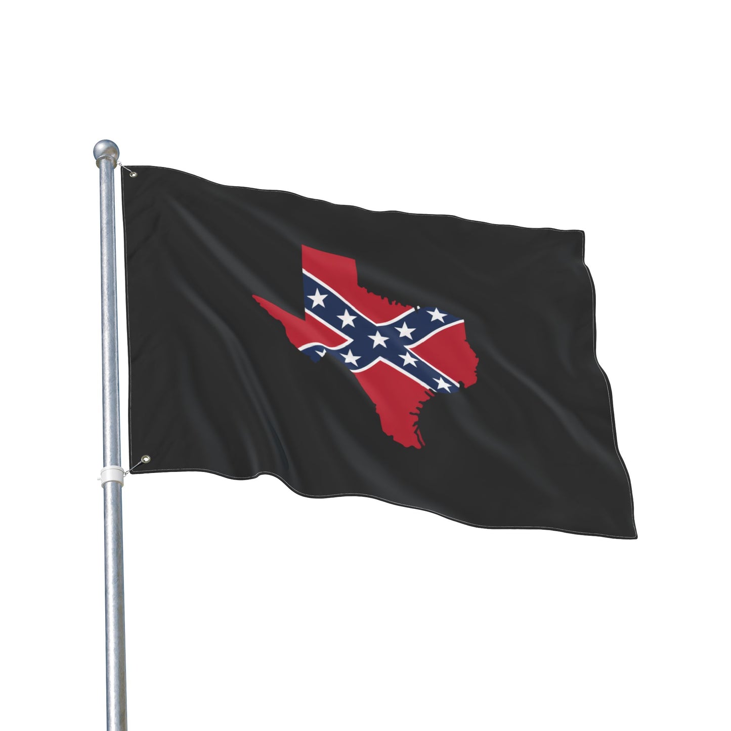 Confederate Texas outdoor flag with red Texas silhouette and Confederate battle emblem on black background