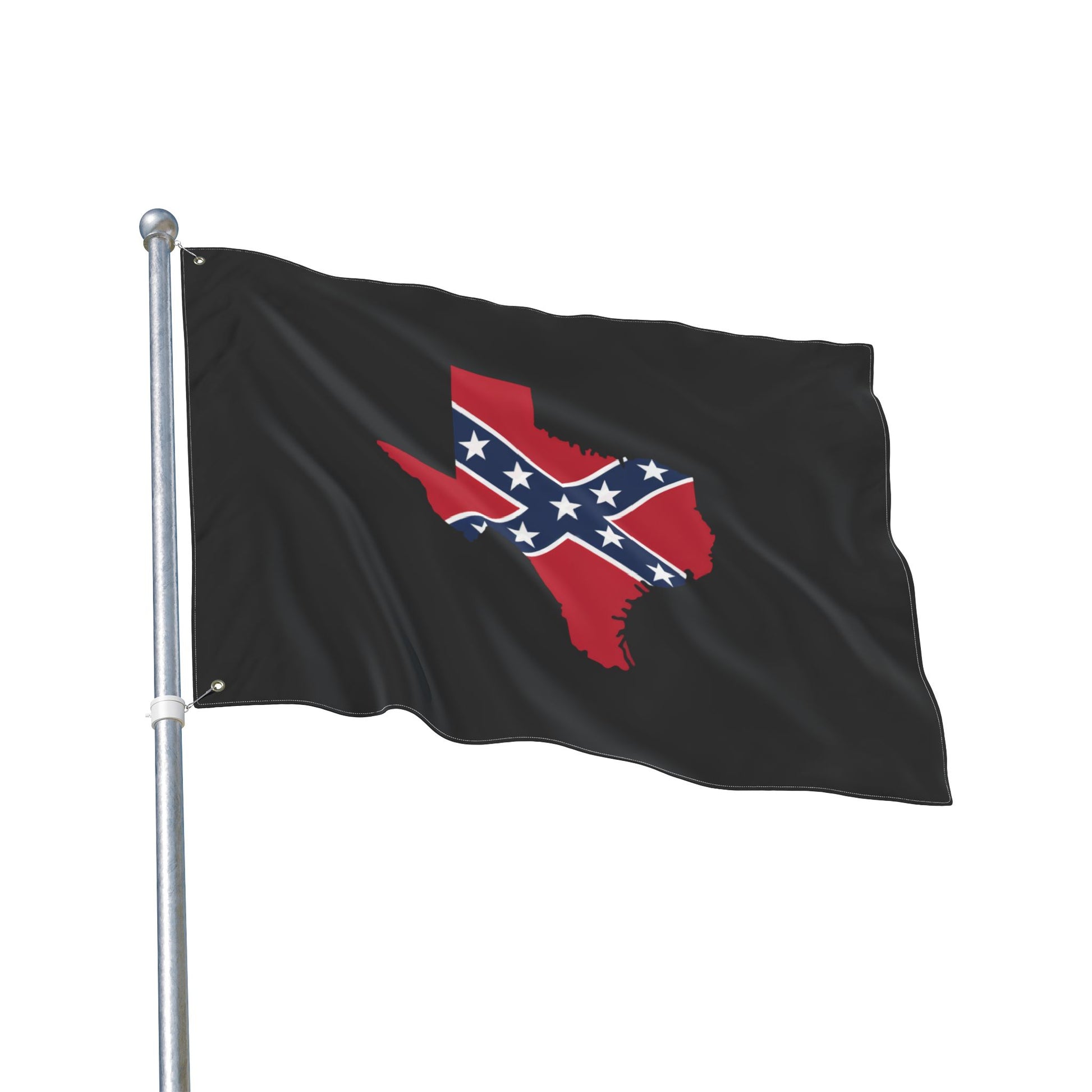 Confederate Texas outdoor flag with red Texas silhouette and Confederate battle emblem on black background