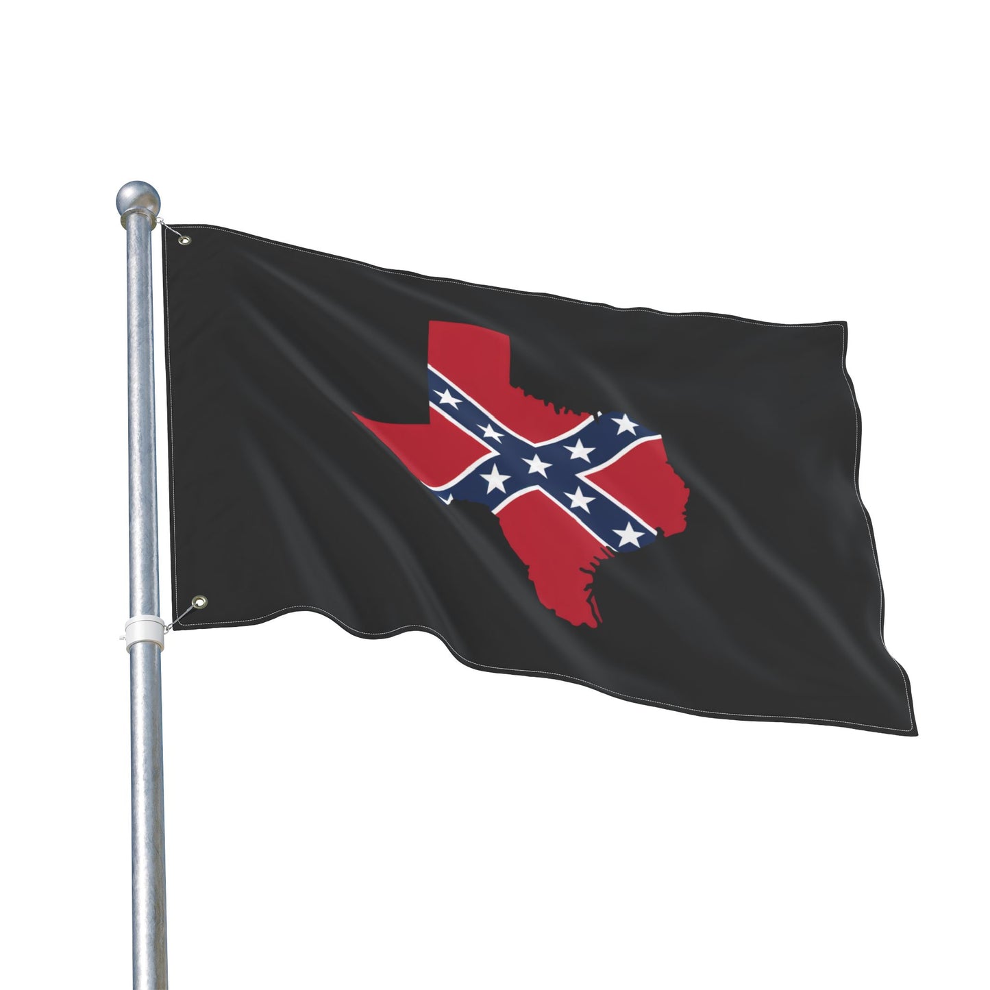 Confederate Texas outdoor flag with red Texas shape and Confederate stars on black background flying on pole