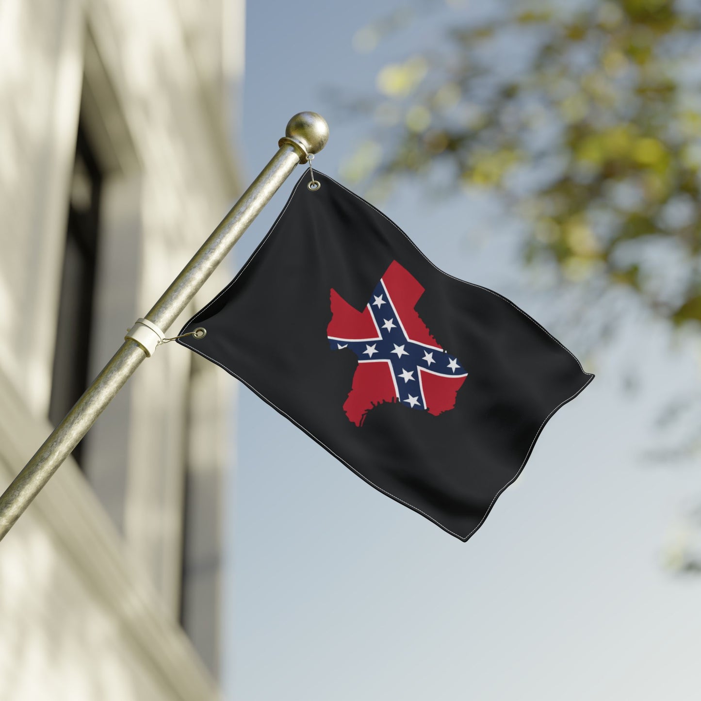 Confederate Texas outdoor flag with Confederate battle emblem on black background mounted on silver flagpole